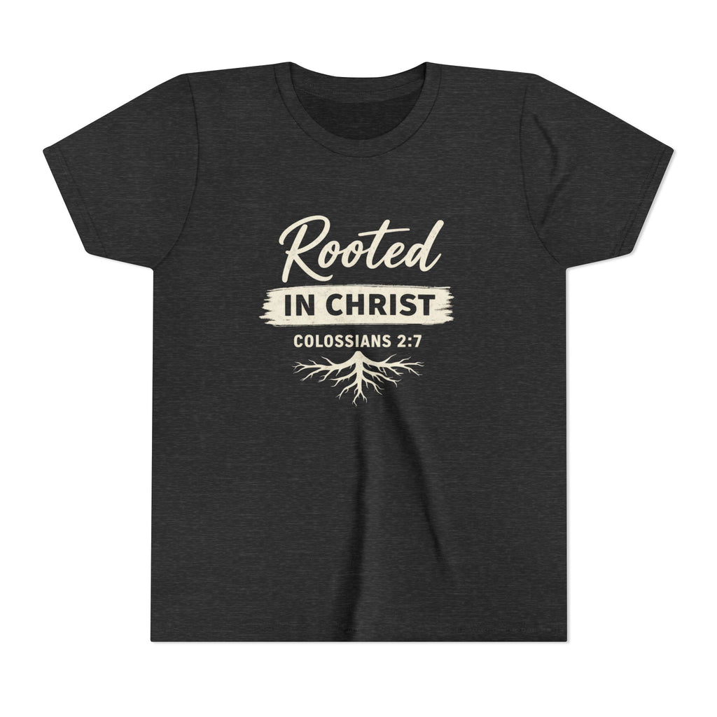 Boys Youth Tee - "Rooted in Christ" Colossians 2:7 Christian Kids Shirt