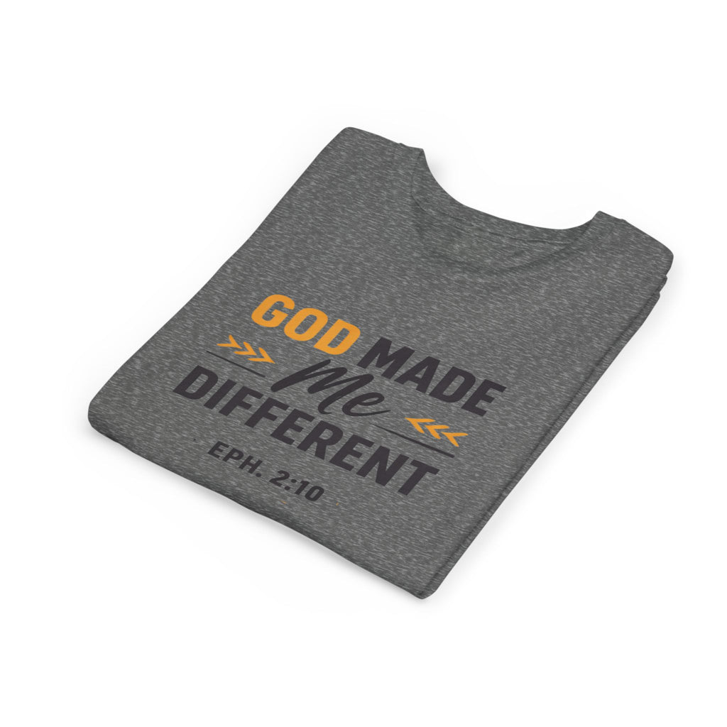 Girls Youth Tee – "God Made Me Different" Christian Kids T‑Shirt (Eph. 2:10)