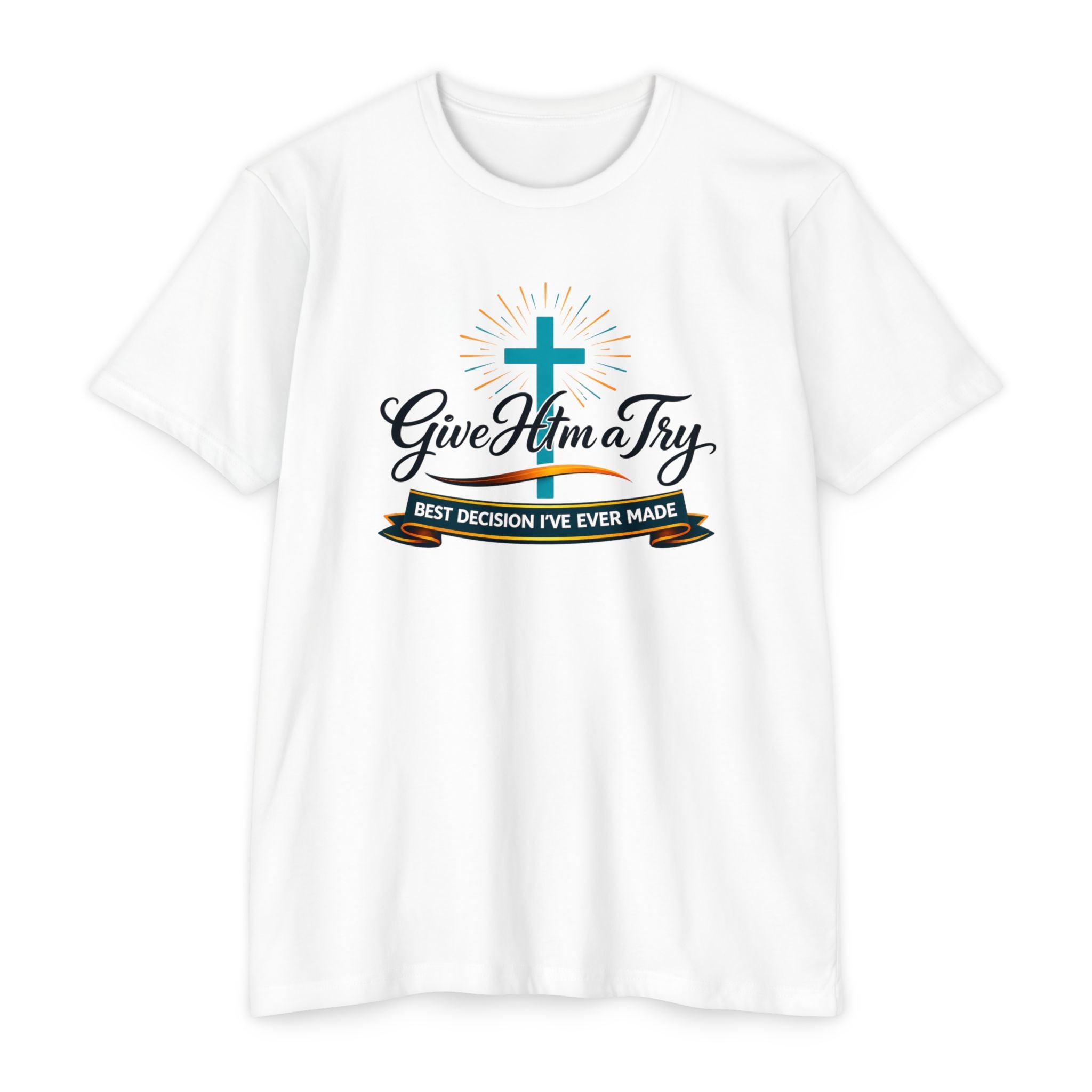 Womens Give Him a Try cross design T-Shirt | Christian faith shirt