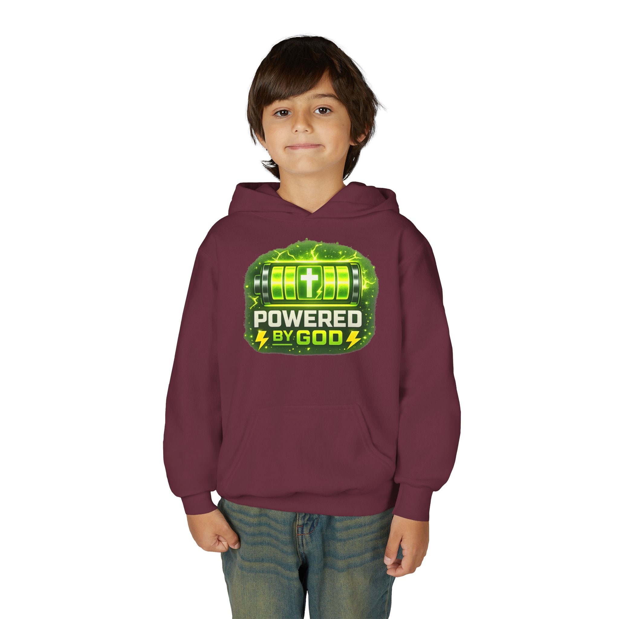 Youth Hoodie — "Powered by God" Green Battery Christian Sweatshirt
