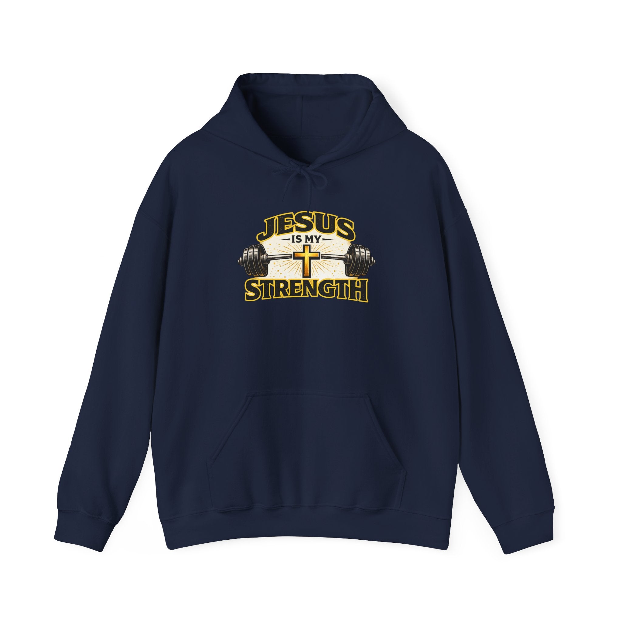 Mens Jesus Is My Strength Hoodie — Christian Faith Cross & Barbell Pullover