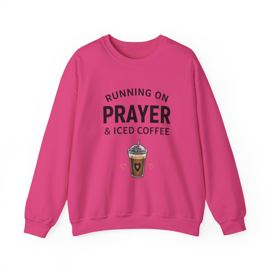 Womens Sweatshirt – "Running on Prayer & Iced Coffee" Crewneck