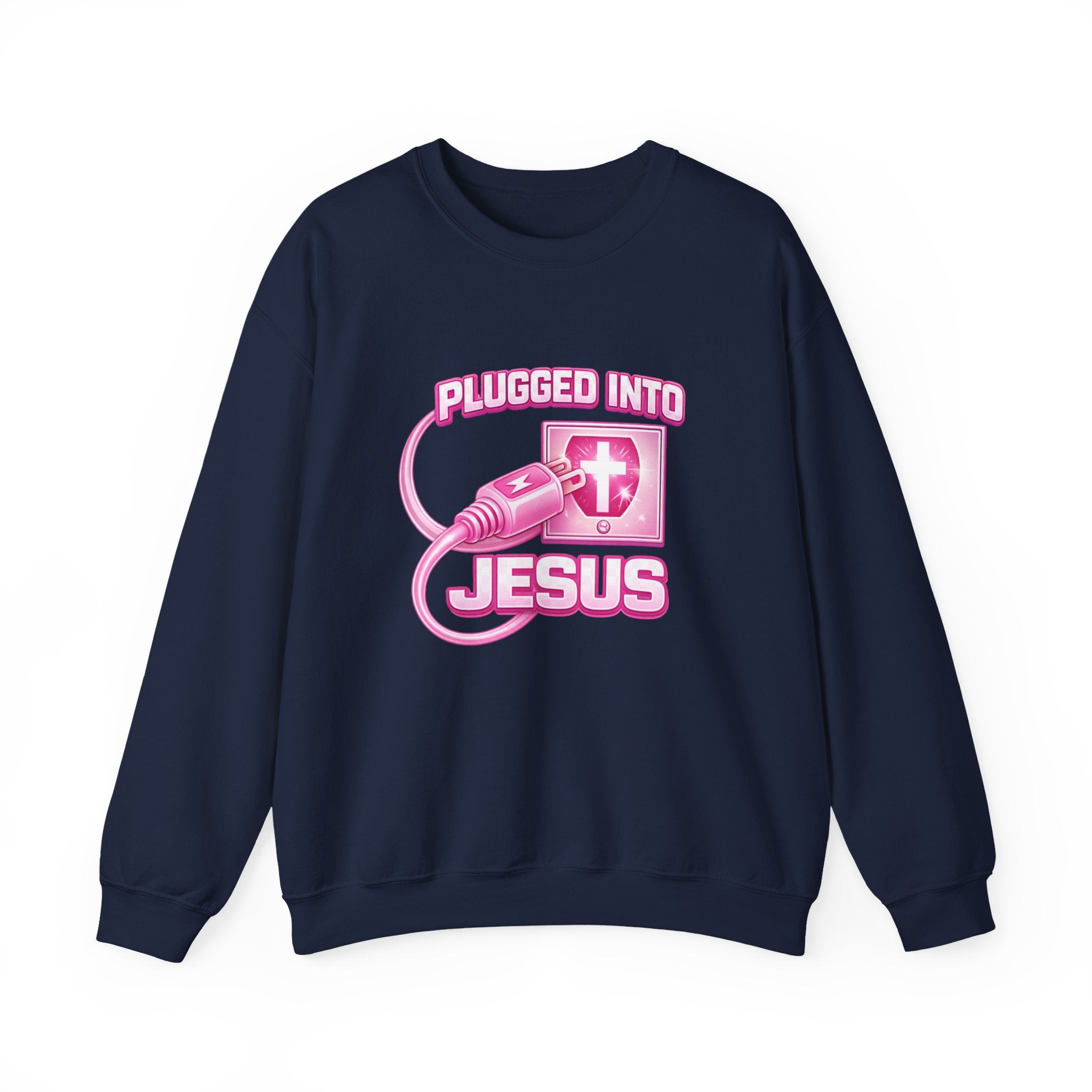 Womens Christian Crewneck Sweatshirt — "Plugged Into Jesus" Pink Graphic
