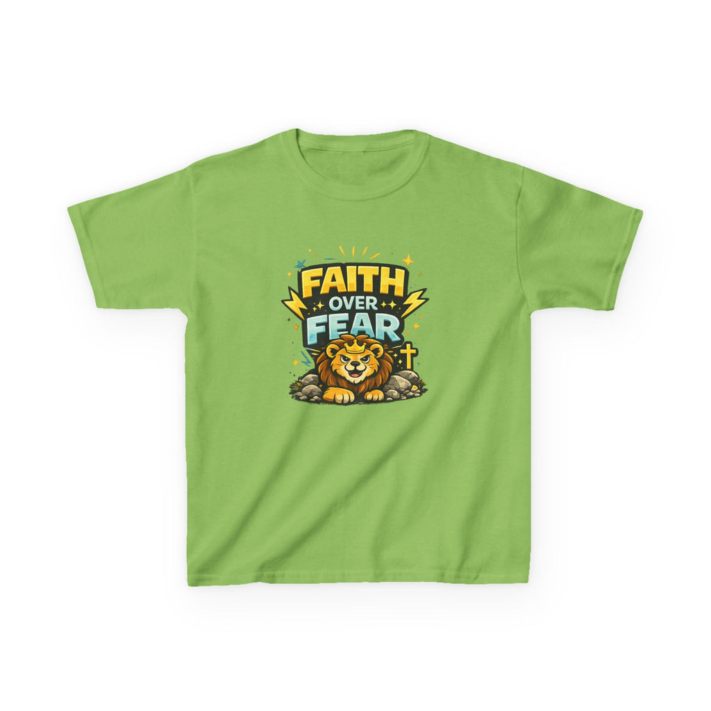 Kids Tee — "Faith Over Fear" Lion Graphic Christian Shirt