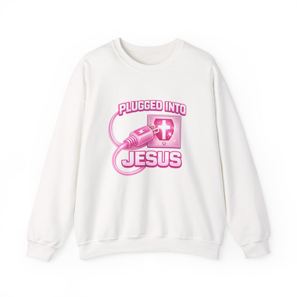 Womens Christian Crewneck Sweatshirt — "Plugged Into Jesus" Pink Graphic