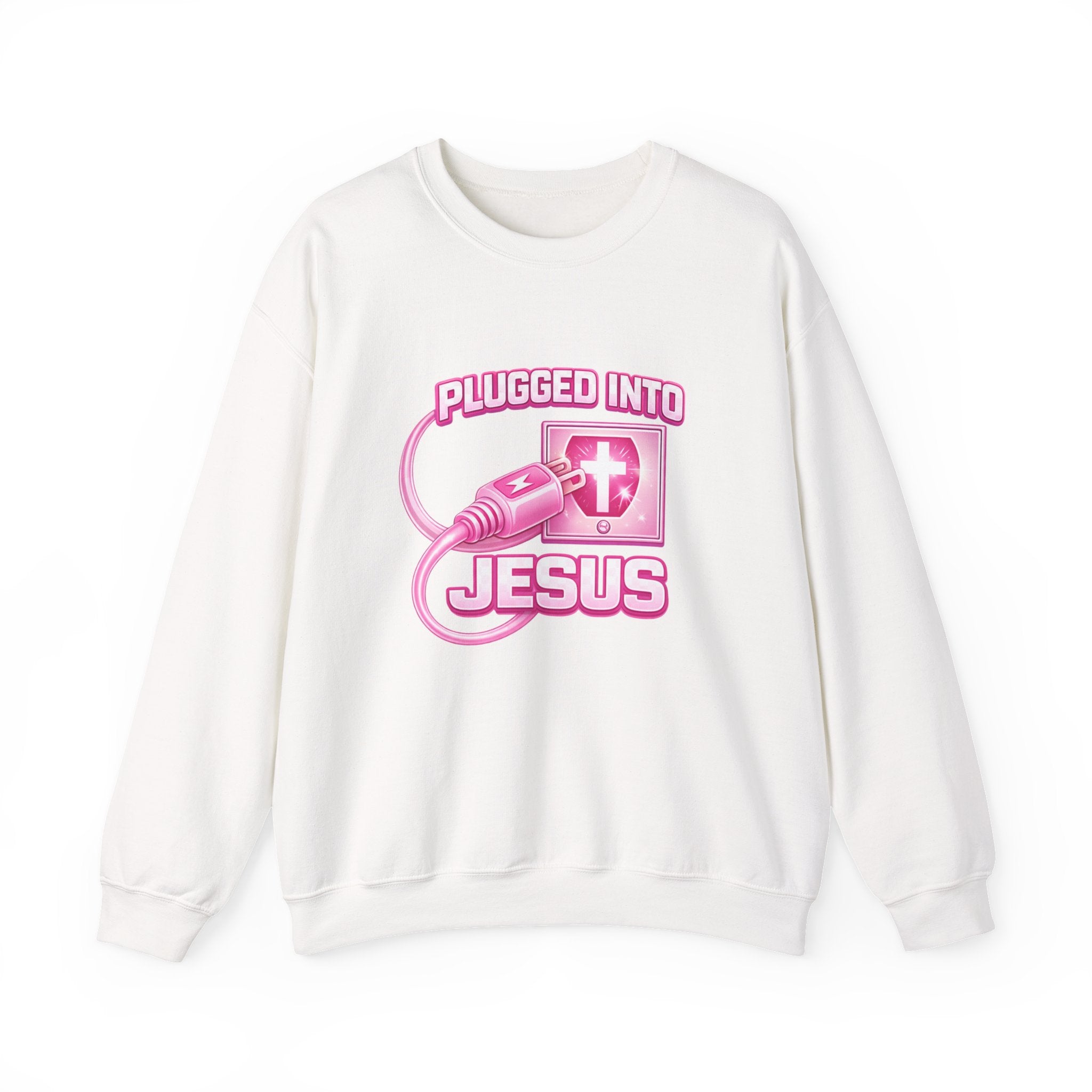 Womens Christian Crewneck Sweatshirt — "Plugged Into Jesus" Pink Graphic
