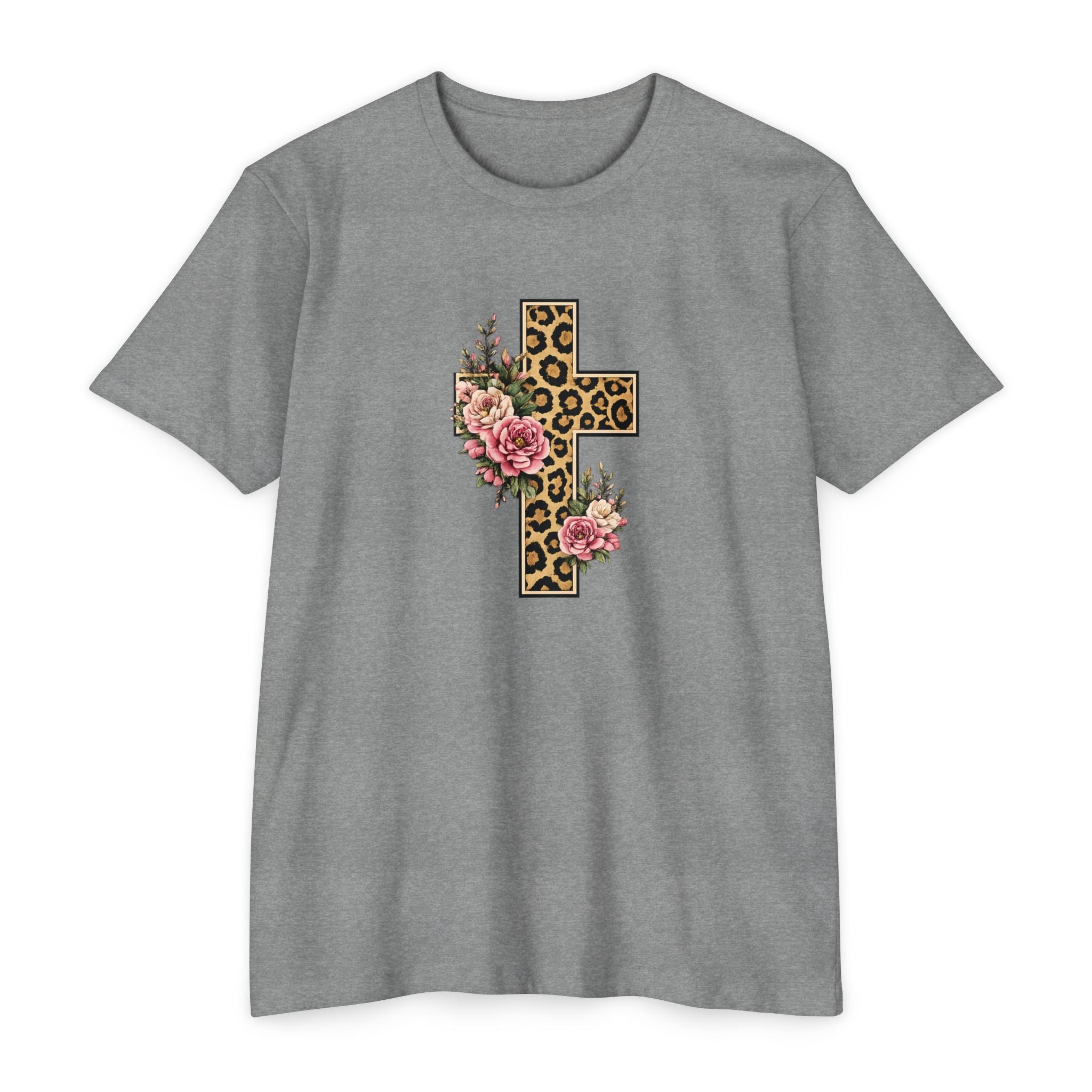 Womens Floral/ Leopard Cross T-Shirt Graphic Tee