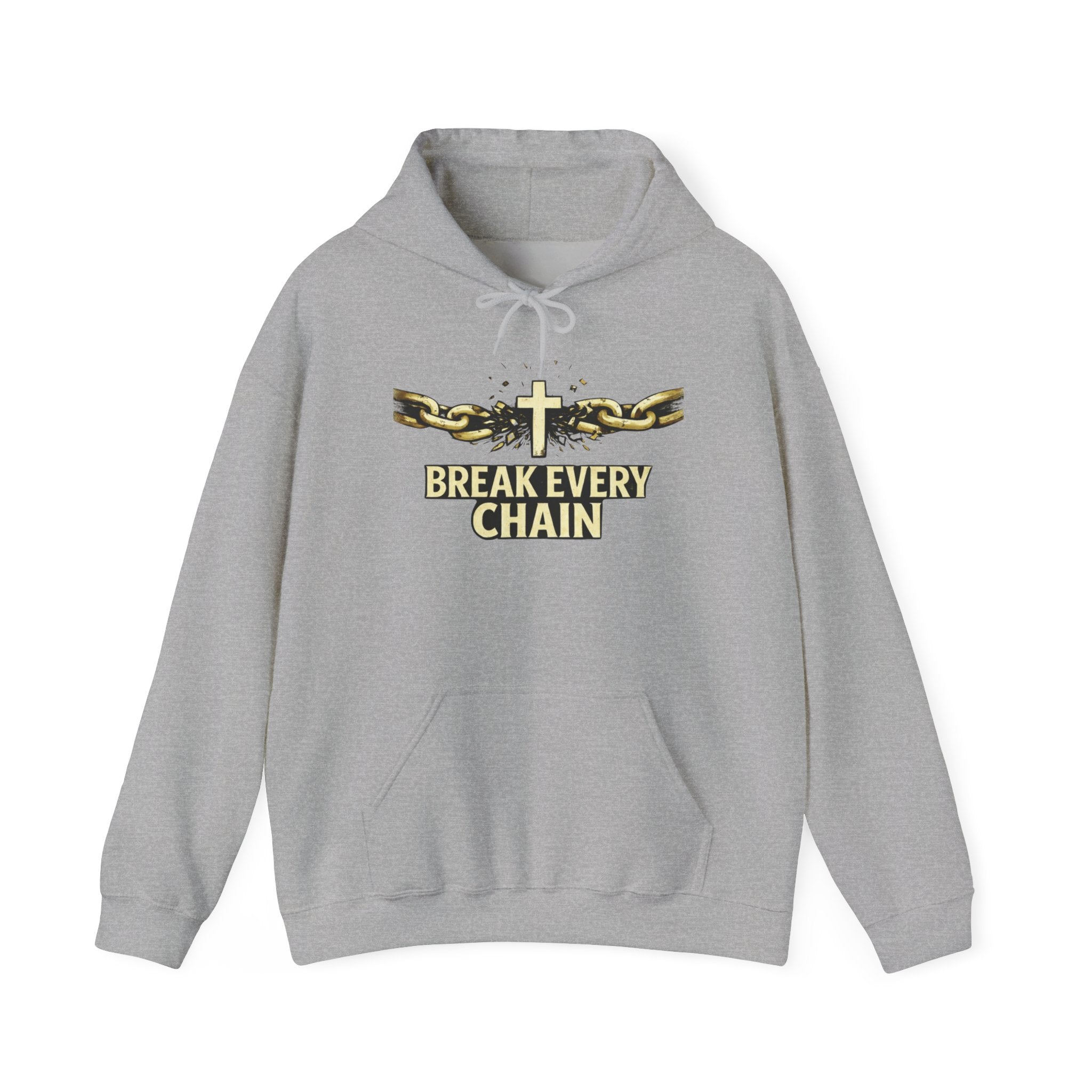 Mens Break Every Chain Hoodie — Christian Cross & Broken Chains Faith Sweatshirt