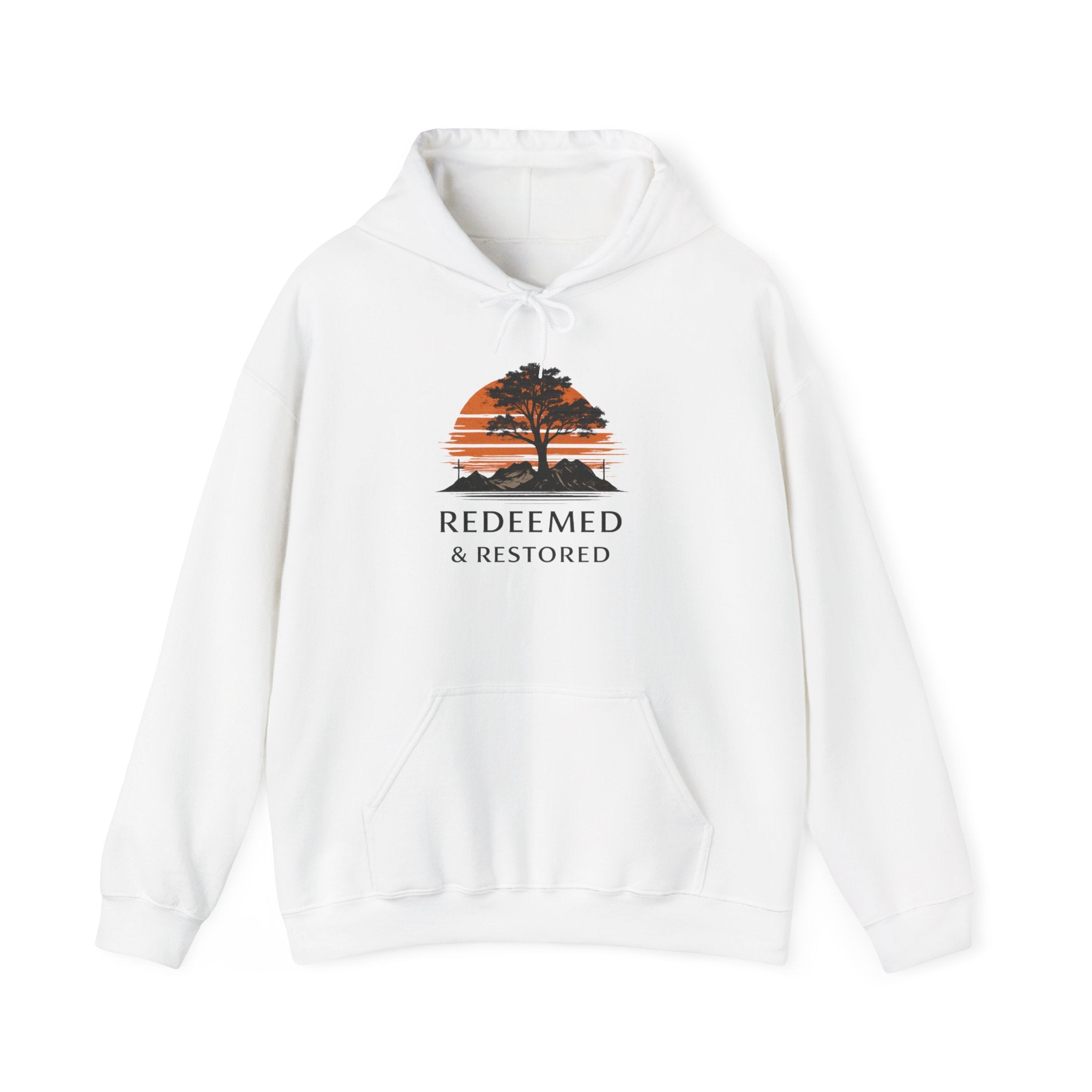 Mens Redeemed & Restored Hoodie — Inspirational Christian Tree Sunset Pullover
