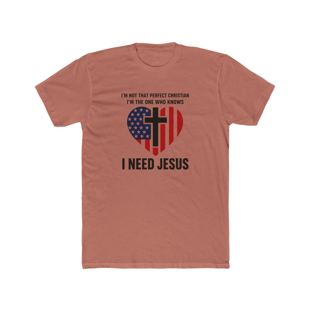 Mens Patriotic Heart Cross Tee  “I Need Jesus” Christian Flag T-Shirt