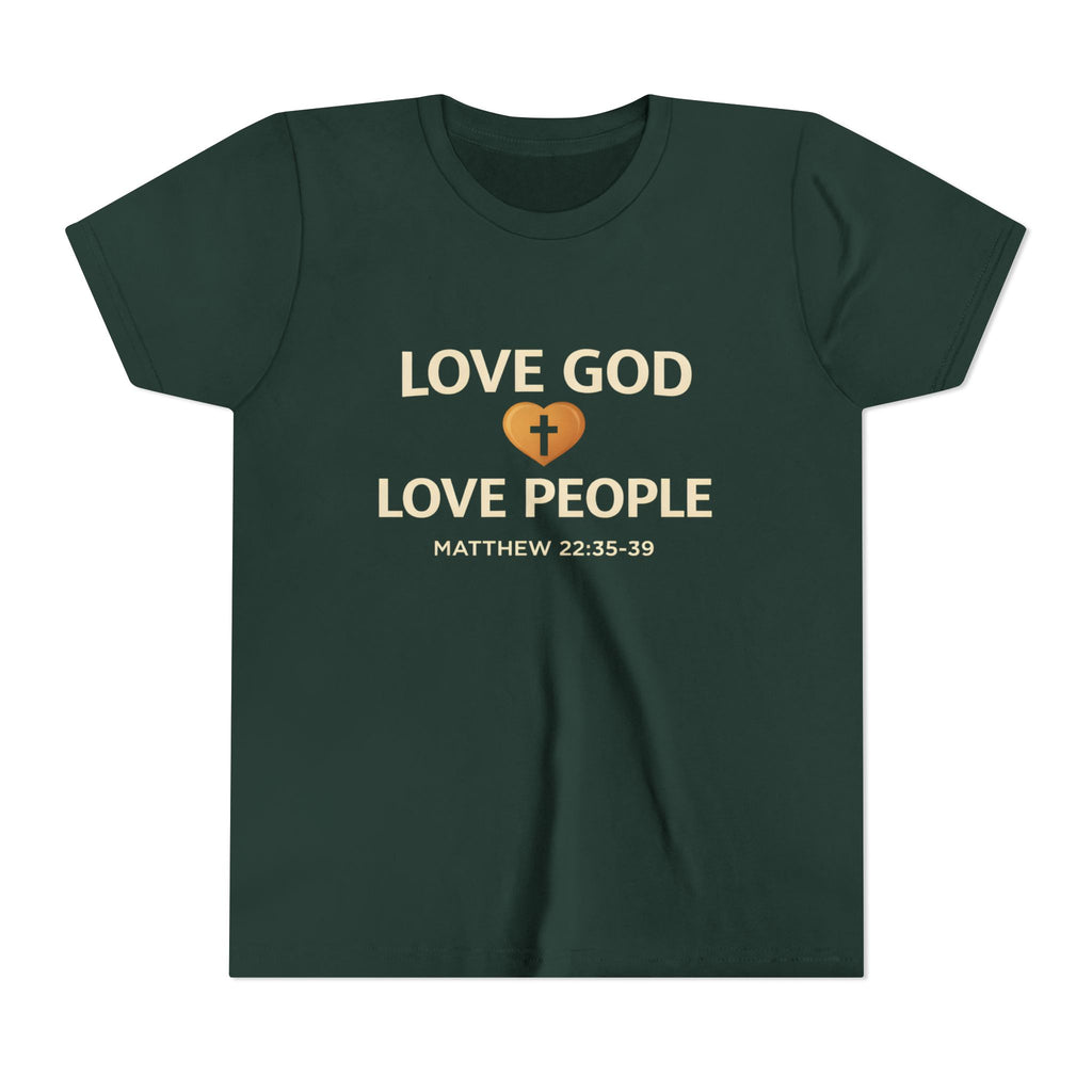 Girls Youth Tee — "Love God Love People" Bible Verse Matthew 22:37-39 Christian Kids Shirt