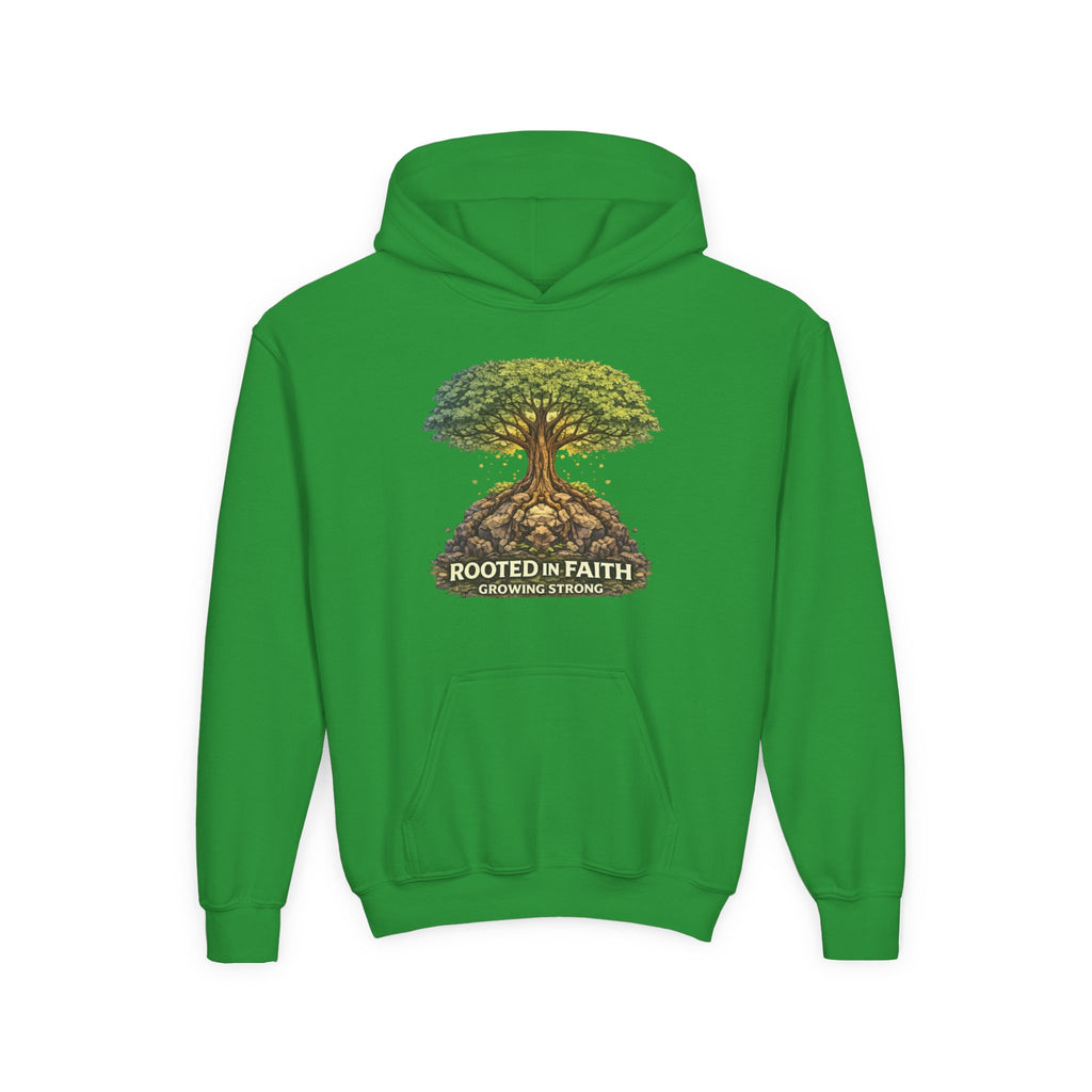 Rooted in Faith Youth Hoodie — Tree of Life Christian Sweatshirt