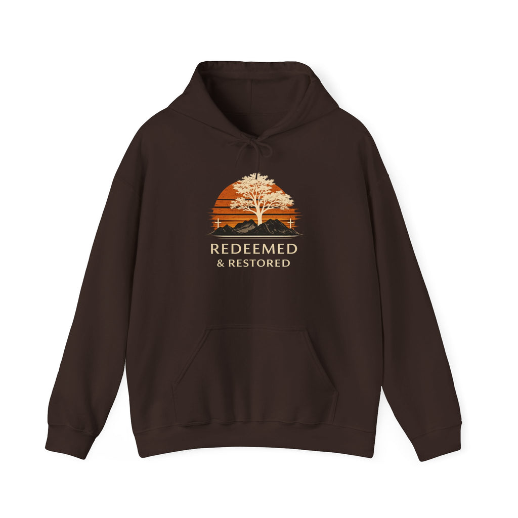 Redeemed & Restored Hoodie – Sunset Tree Faith Graphic Hooded Sweatshirt