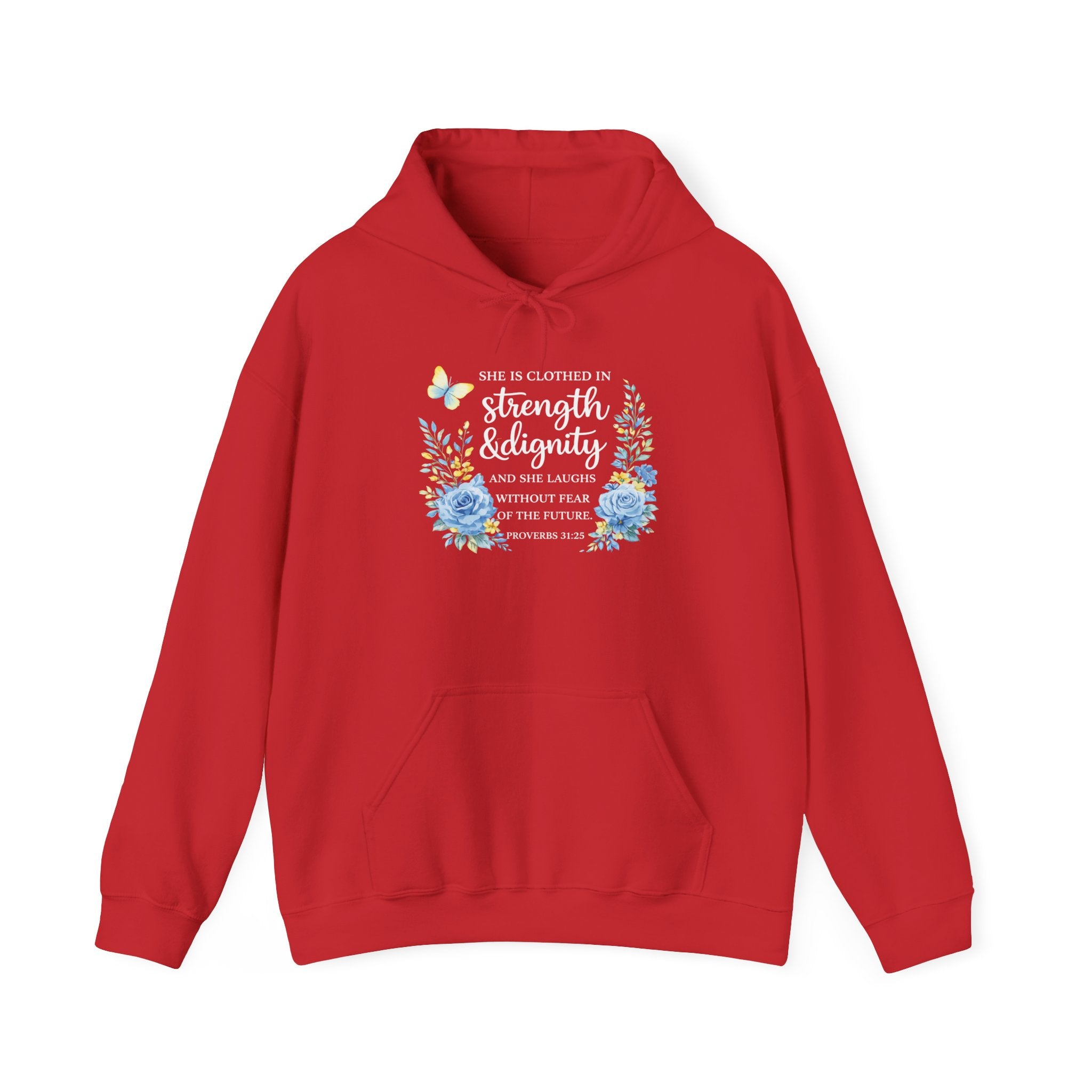 Womens Inspirational Floral Hoodie — "Strength & Dignity" Scripture Sweatshirt