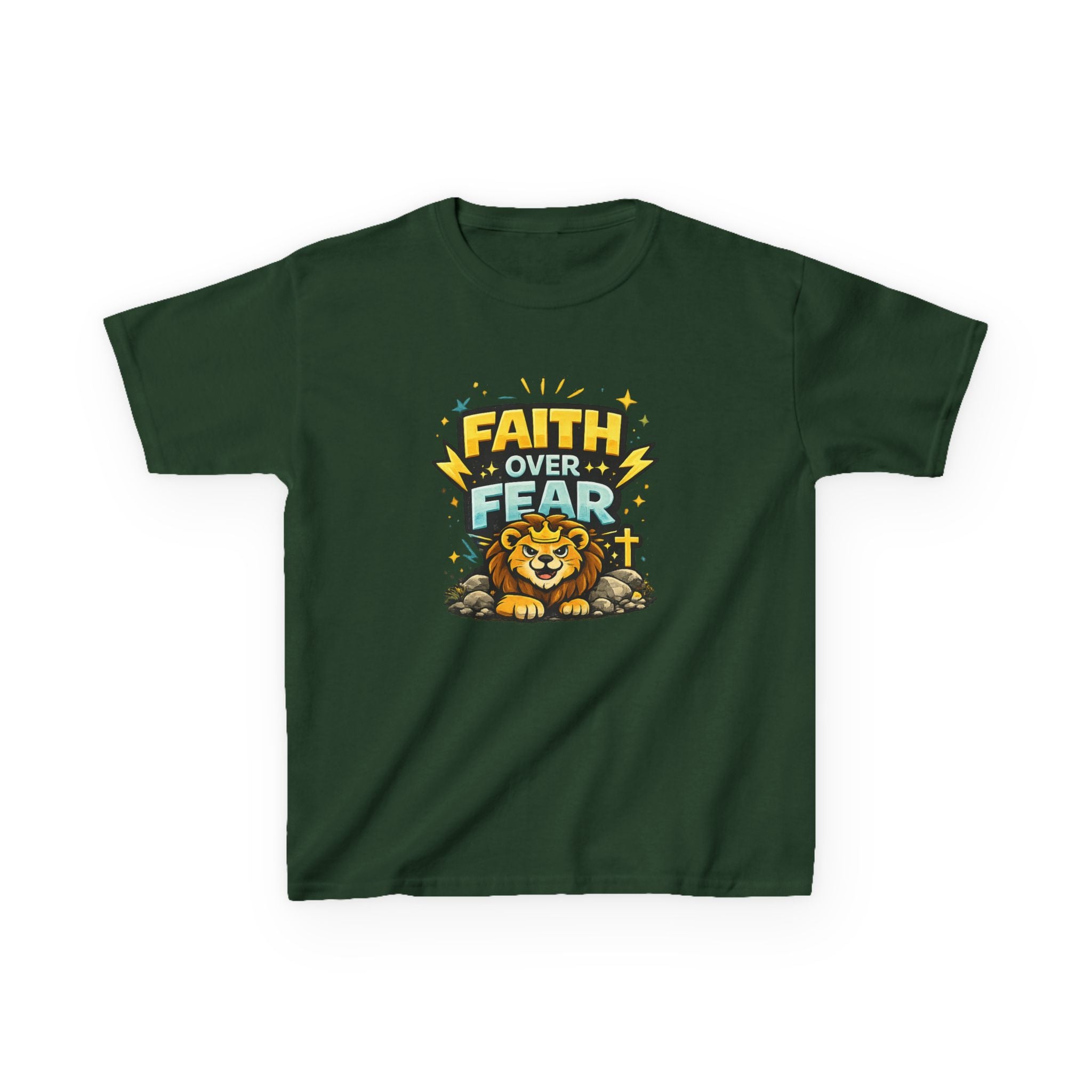 Kids Tee — "Faith Over Fear" Lion Graphic Christian Shirt