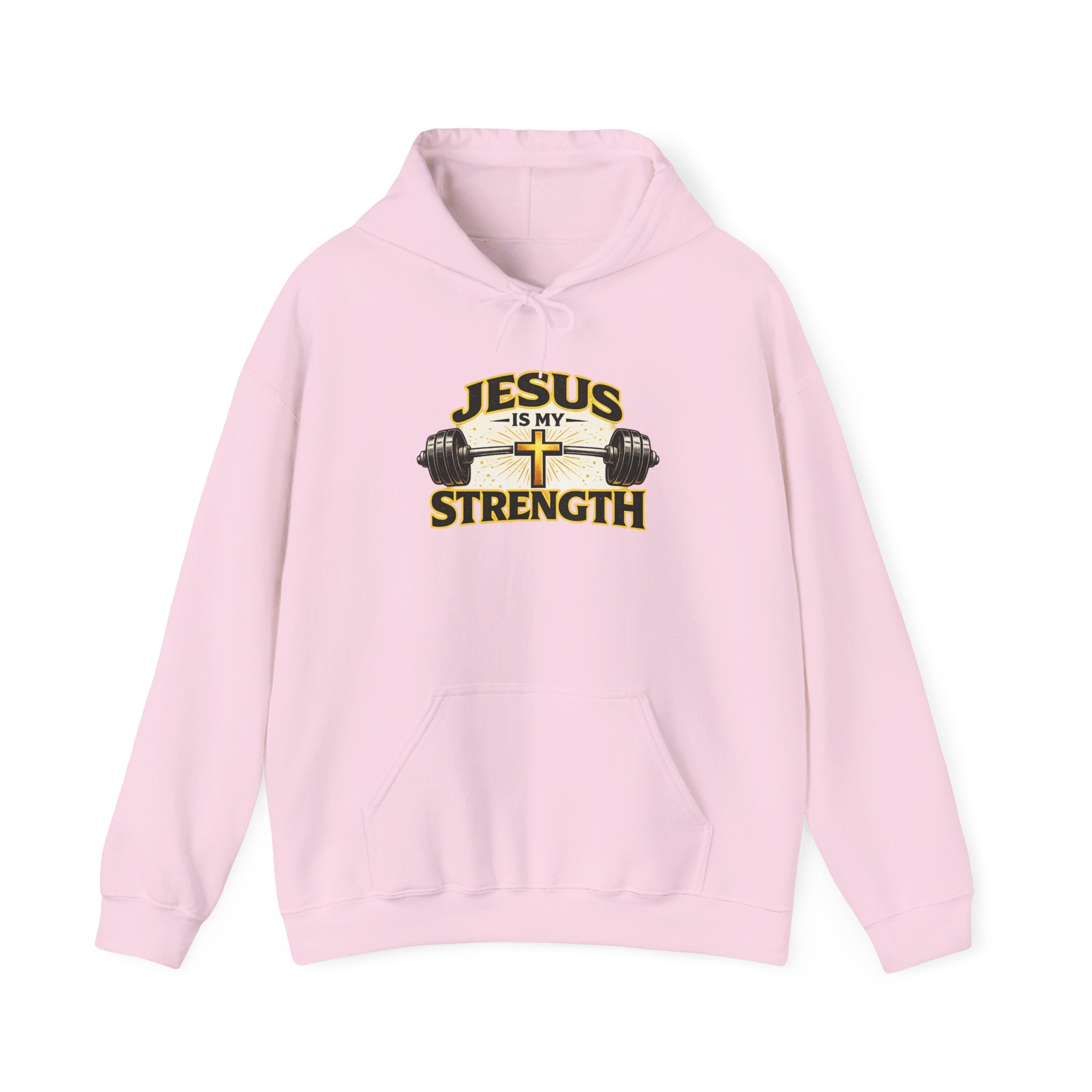 Mens Jesus Is My Strength Hoodie — Christian Faith Cross & Barbell Pullover