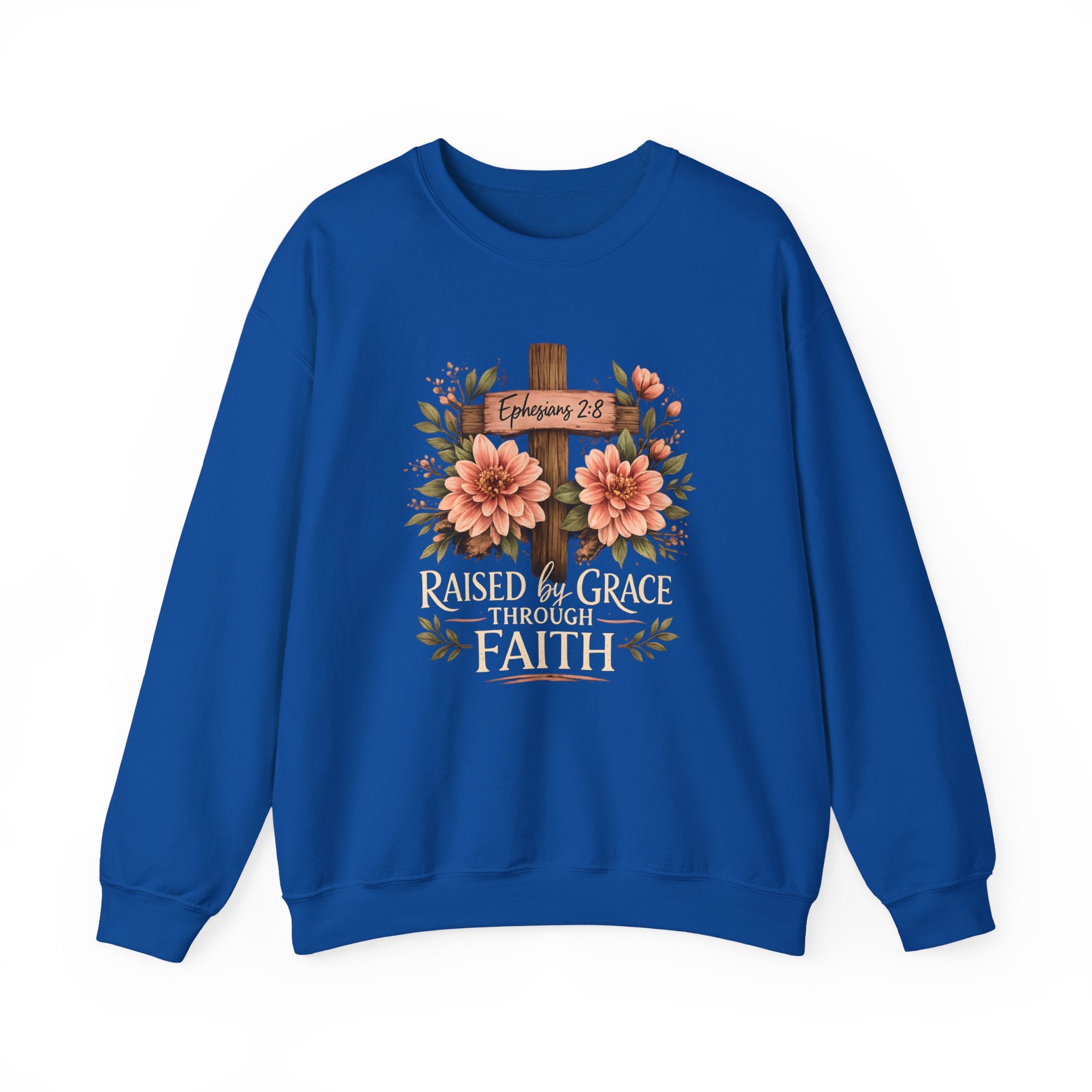 Faith Crewneck Sweatshirt — "Raised by Grace Through Faith" Floral Cross