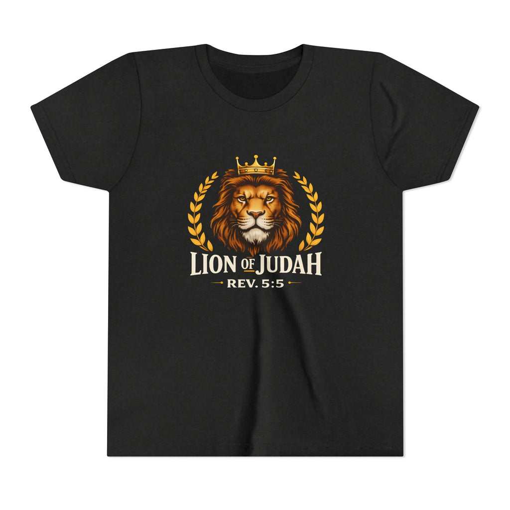 Boys Youth T-Shirt — 'Lion of Judah' Crowned Lion Biblical Tee (Rev. 5:5)