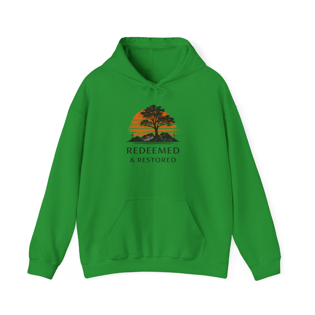 Mens Redeemed & Restored Hoodie — Inspirational Christian Tree Sunset Pullover