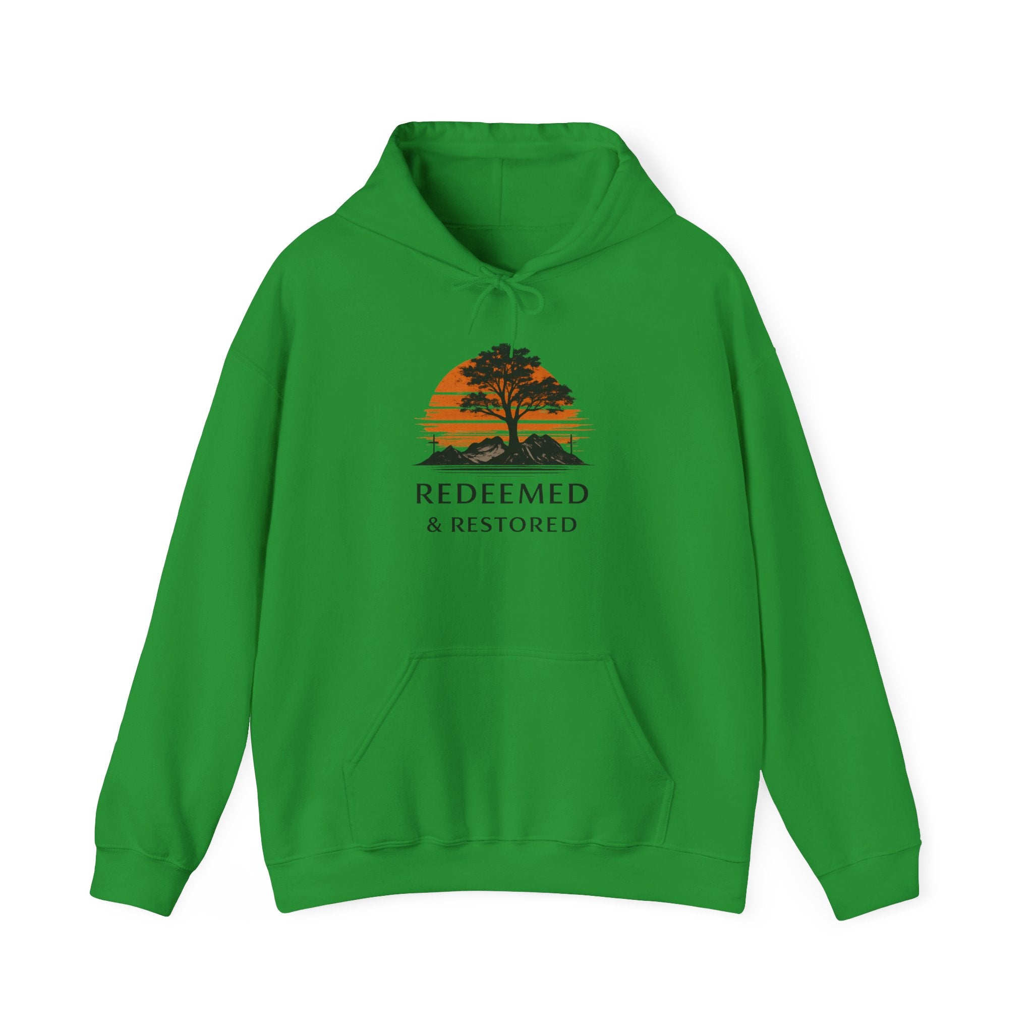 Mens Redeemed & Restored Hoodie — Inspirational Christian Tree Sunset Pullover