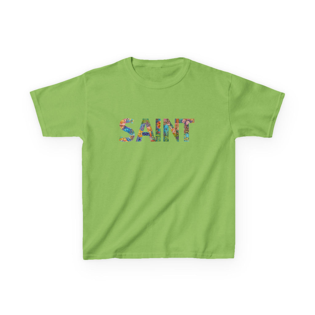 Girls Saint Kids T‑Shirt — Colorful Patterned Lettering Tee for Children