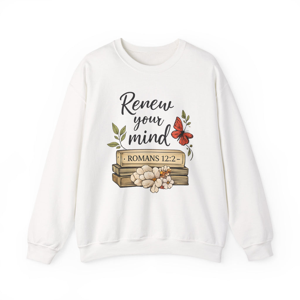 Womens Crewneck Sweatshirt - "Renew Your Mind" Romans 12:2 Floral Christian Pullover