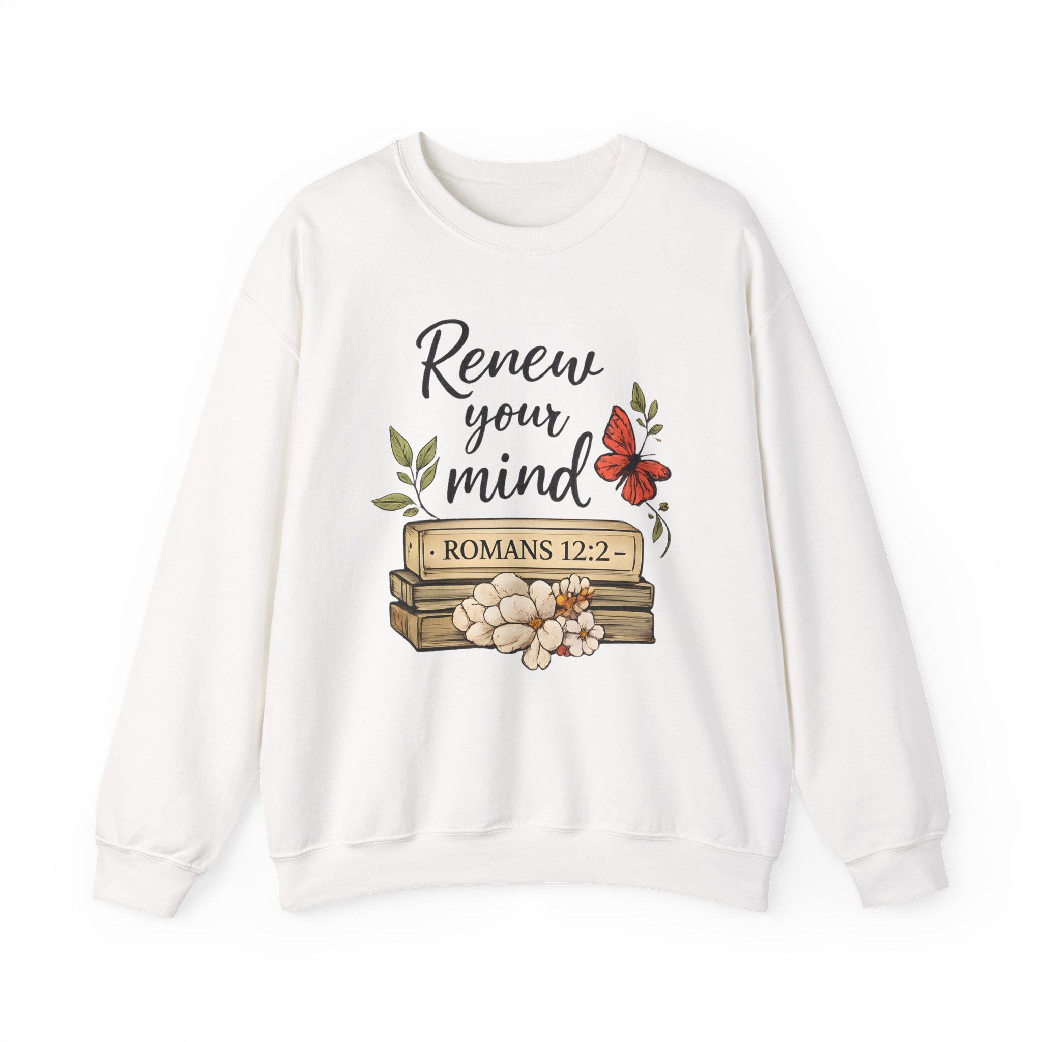 Womens Crewneck Sweatshirt - "Renew Your Mind" Romans 12:2 Floral Christian Pullover