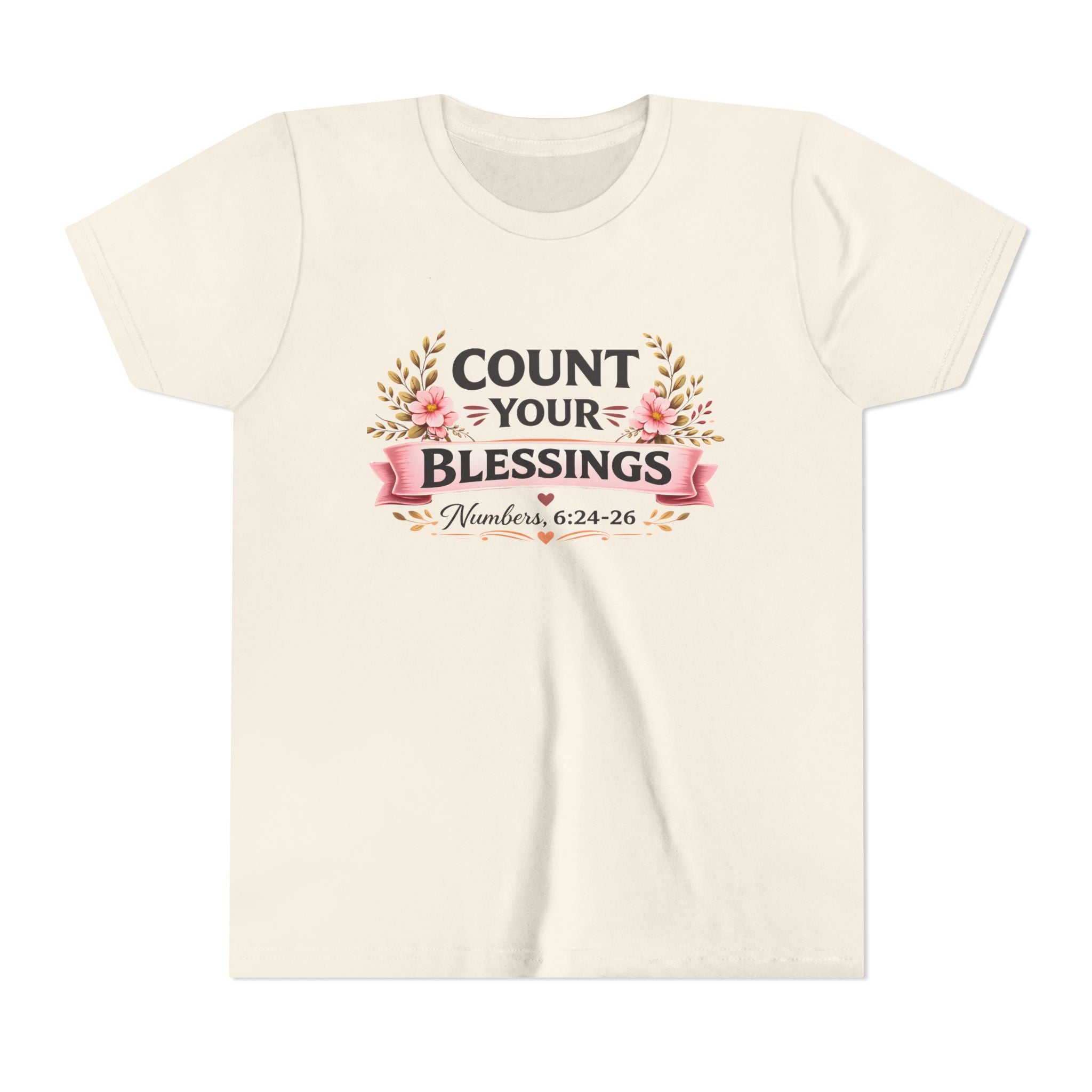 Girls Youth Tee - "Count Your Blessings" Floral Scripture Kids Shirt (Numbers 6:24-26)