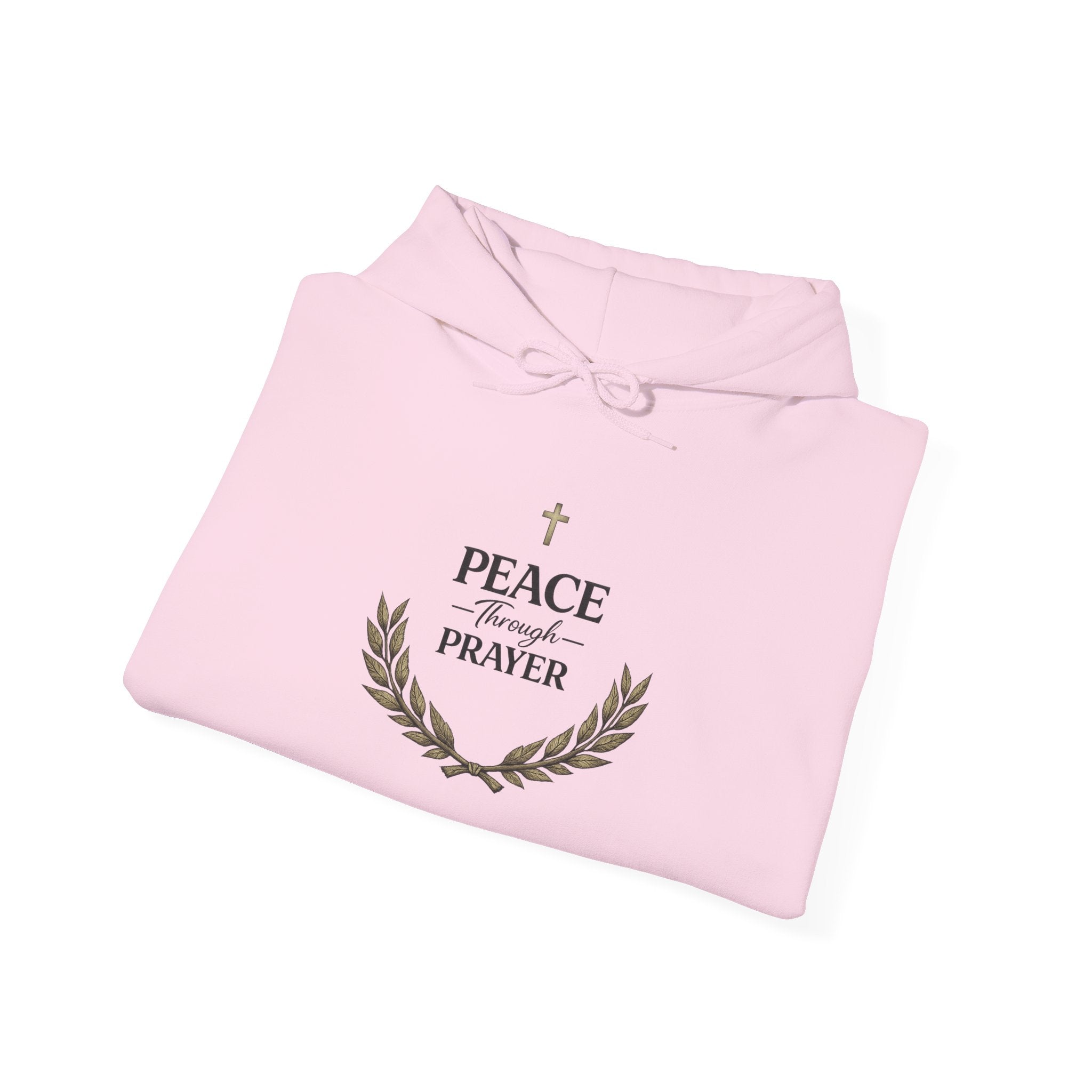 Mens Hoodie "Peace Through Prayer" Religious Laurel Cross Hoodie