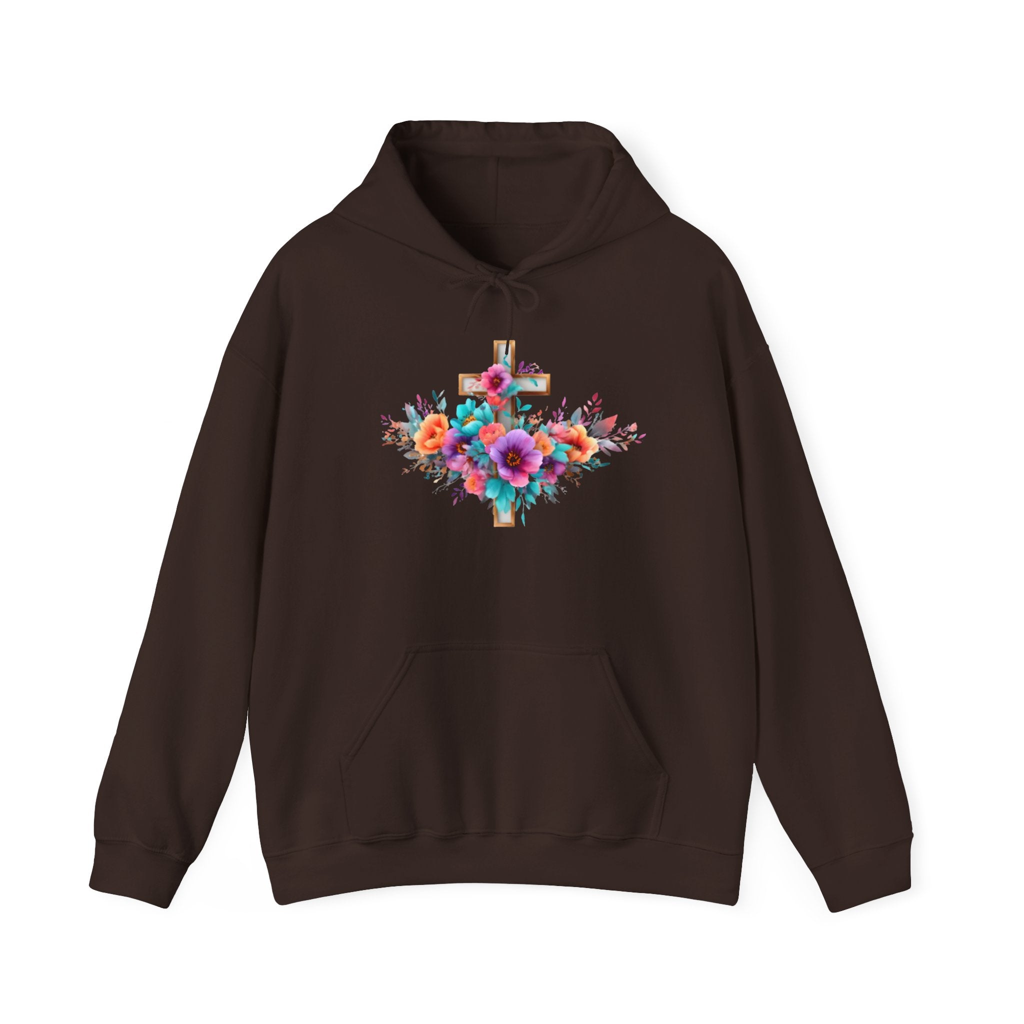 Floral Cross Hoodie – Colorful Watercolor Flowers Religious Sweatshirt