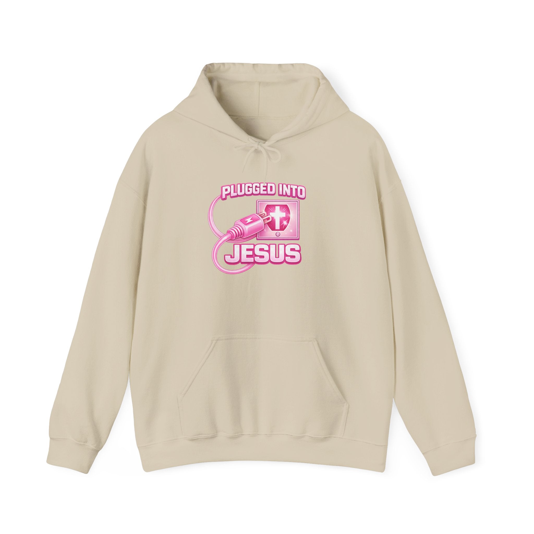 Plugged Into Jesus Hoodie — Pink Christian Faith Graphic Sweatshirt