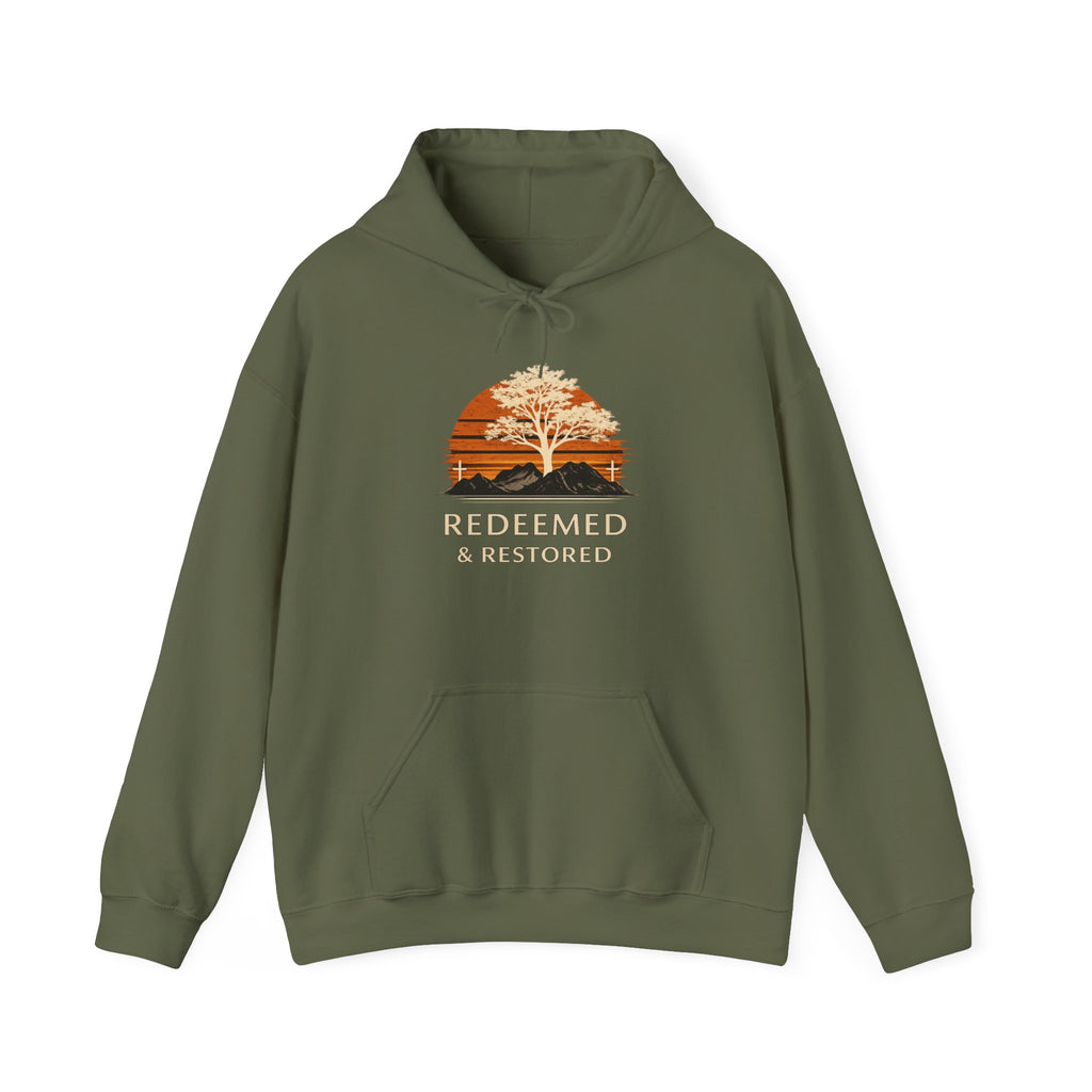 Redeemed & Restored Hoodie – Sunset Tree Faith Graphic Hooded Sweatshirt