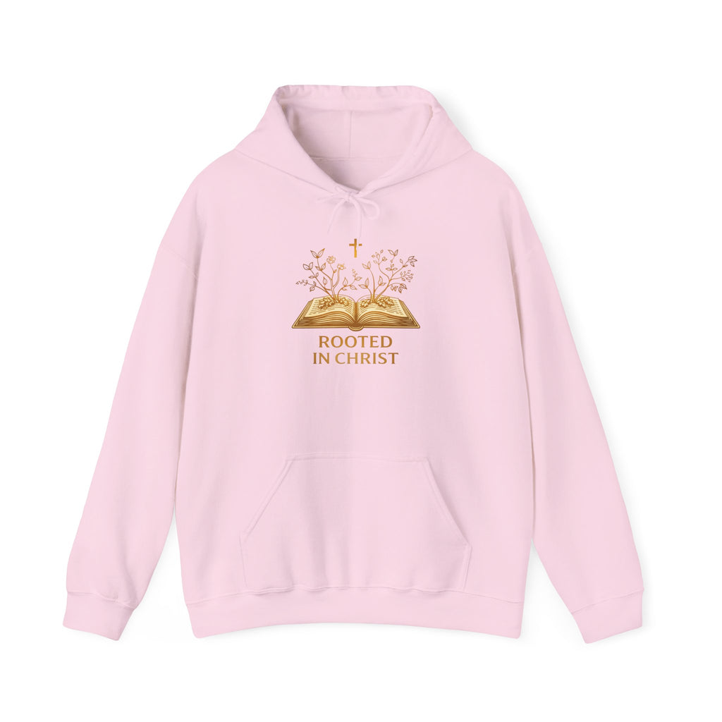 Womens Rooted in Christ Hoodie — Christian Faith Bible Cross Pullover