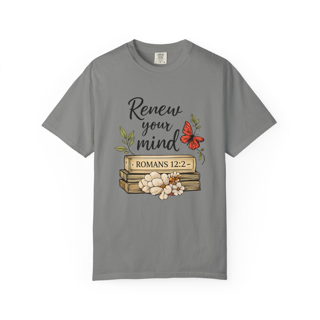 Renew Your Mind T-Shirt – Romans 12:2 Floral Butterfly Christian Tee