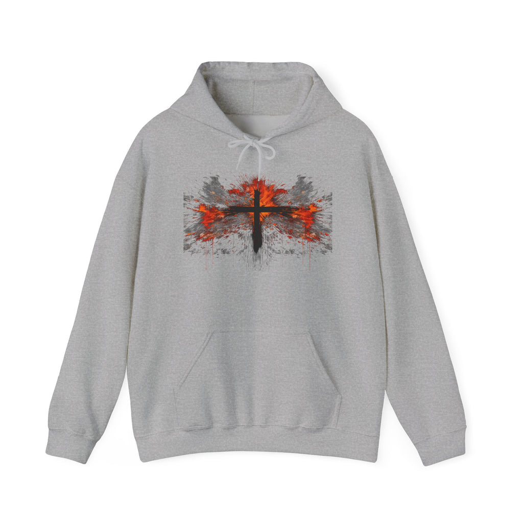 Mens Christian Cross Hoodie — Grunge Red & Black Faith Pullover