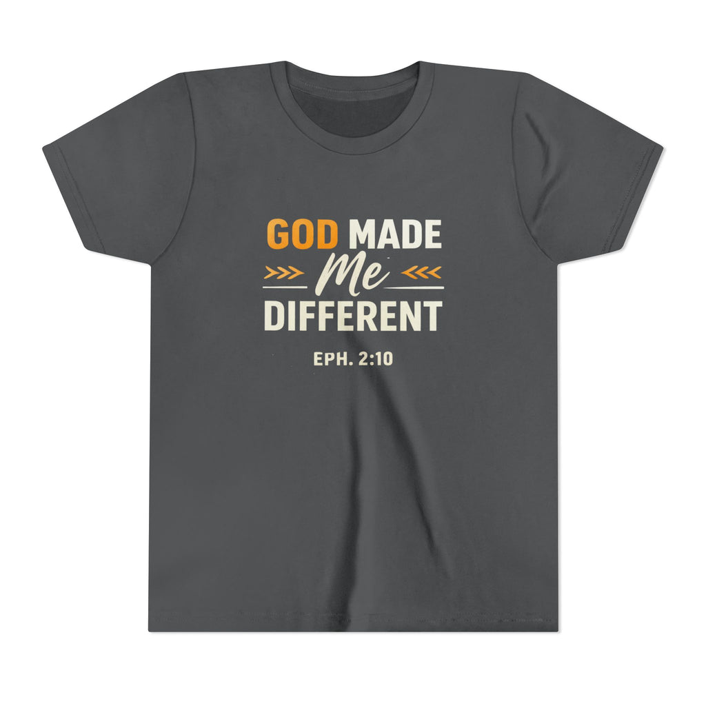 Girls Youth Tee – "God Made Me Different" Christian Kids T‑Shirt (Eph. 2:10)