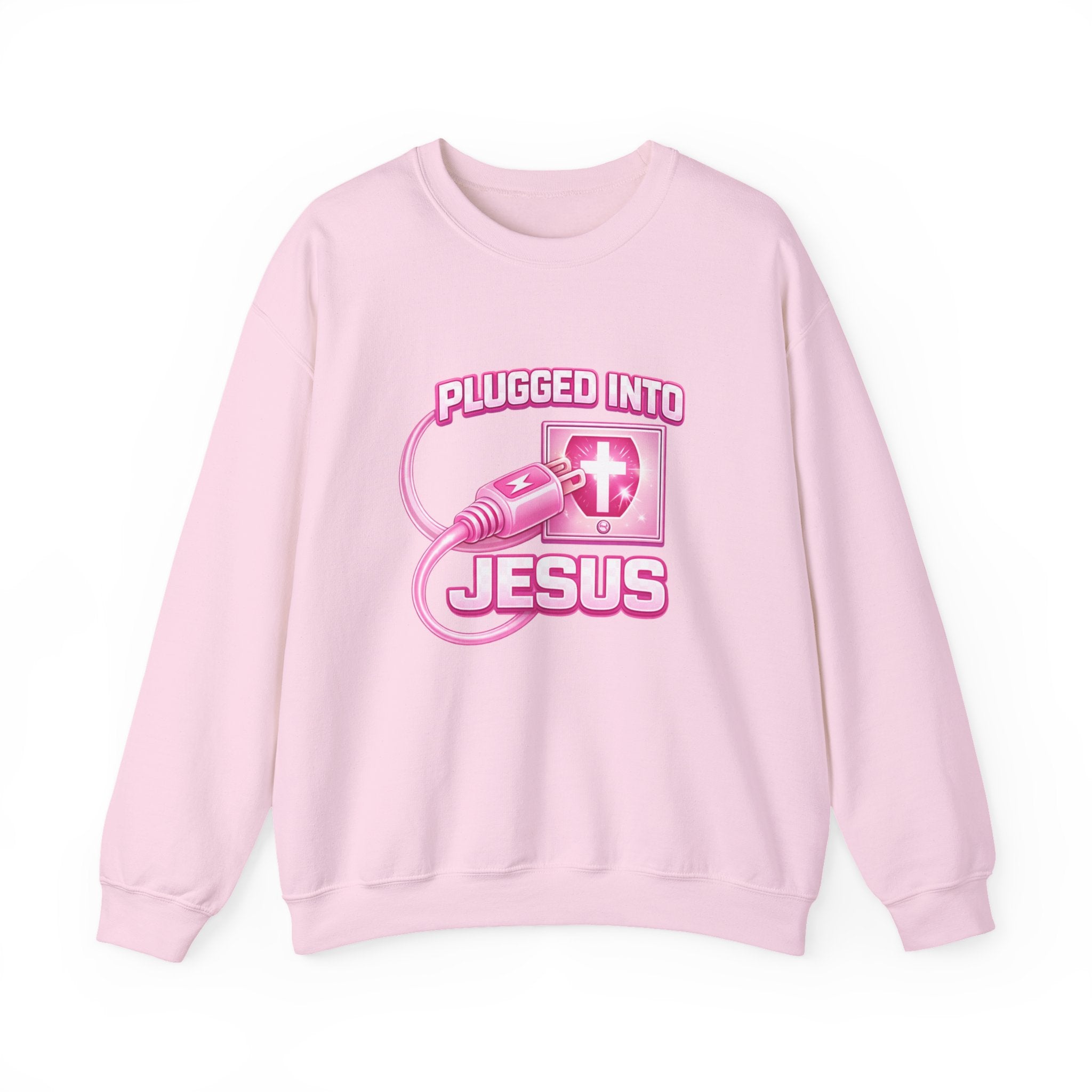 Womens Christian Crewneck Sweatshirt — "Plugged Into Jesus" Pink Graphic