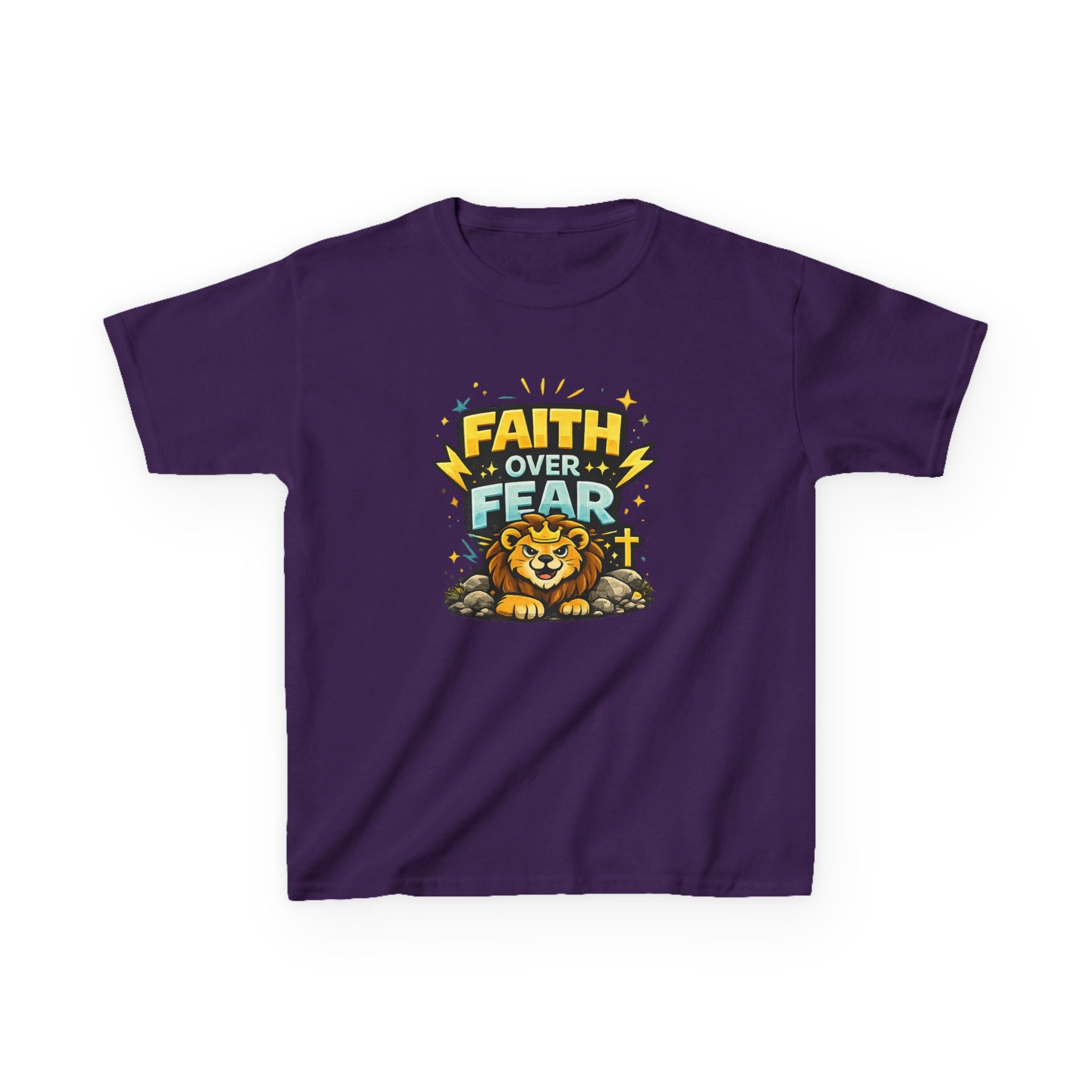 Kids Tee — "Faith Over Fear" Lion Graphic Christian Shirt
