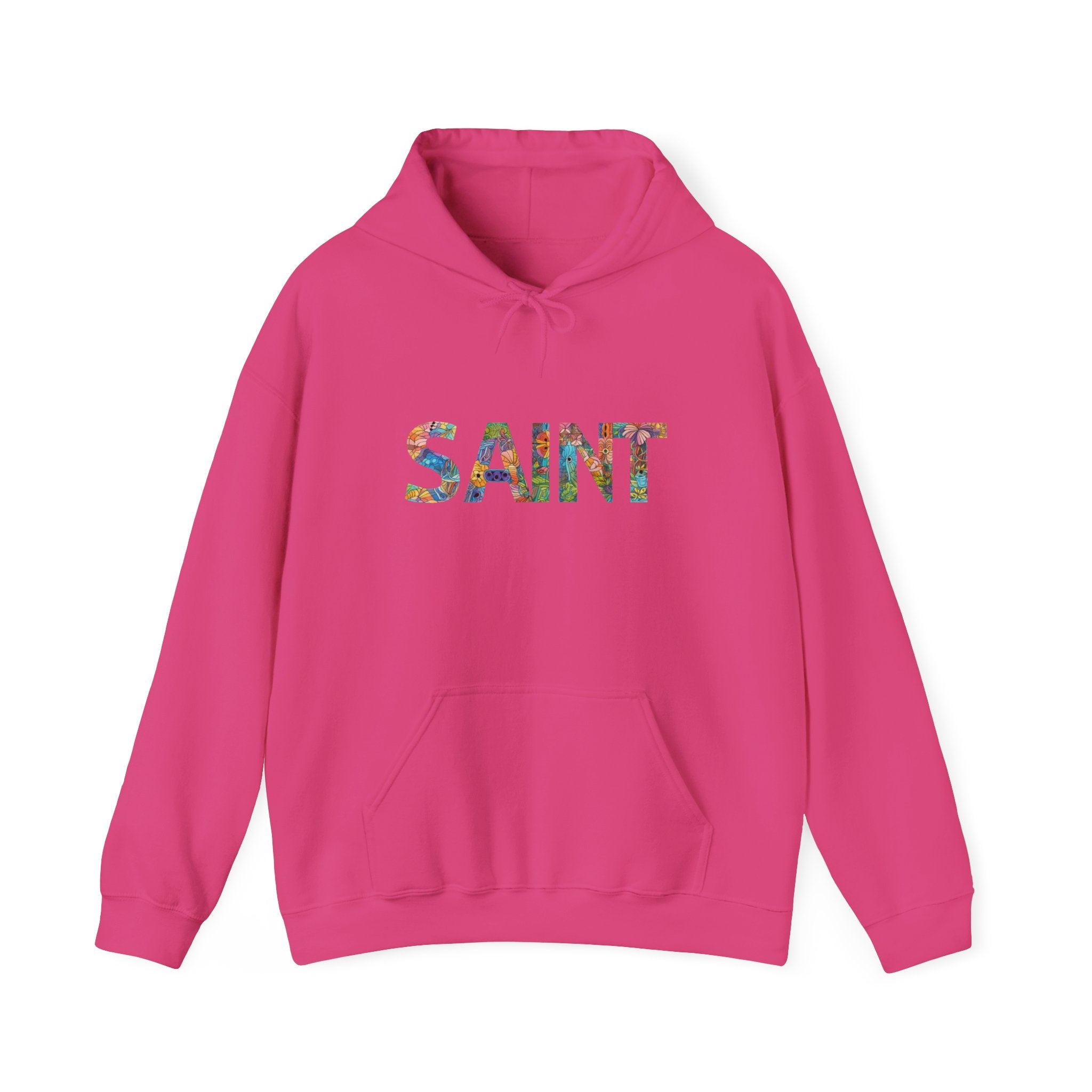 Mens Saint Floral Hoodie  Colorful Botanical Lettering Pullover
