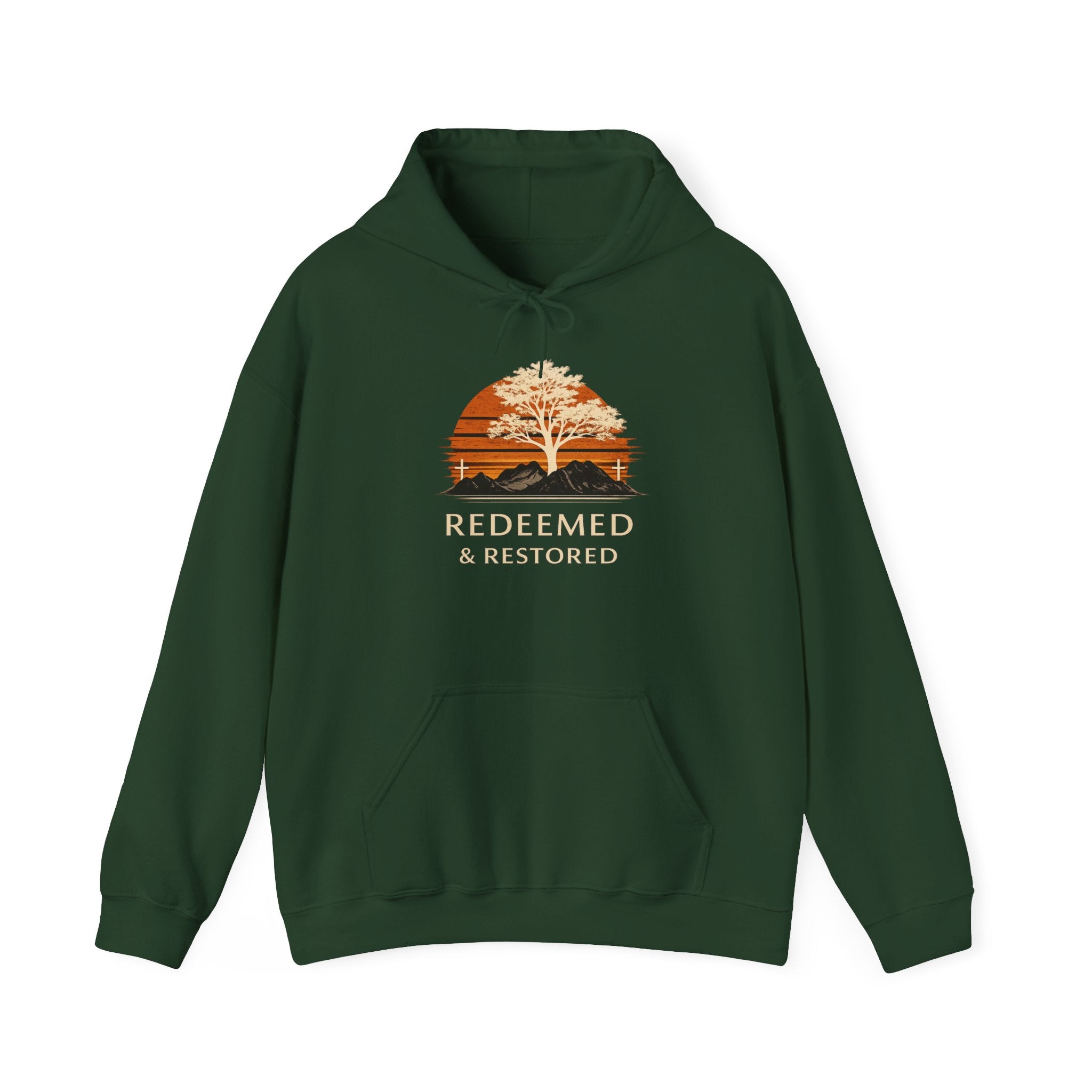 Mens Redeemed & Restored Hoodie — Inspirational Christian Tree Sunset Pullover