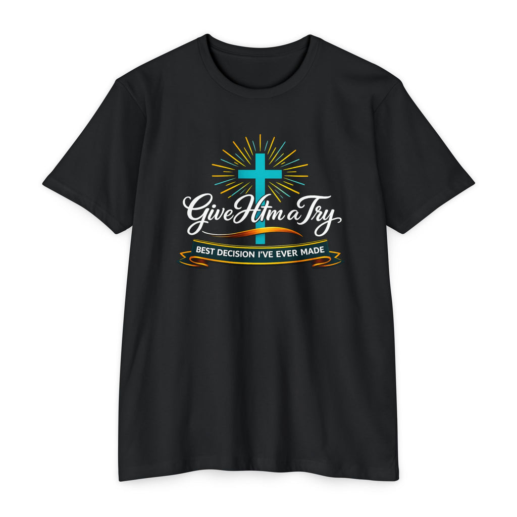 Womens Give Him a Try cross design T-Shirt | Christian faith shirt