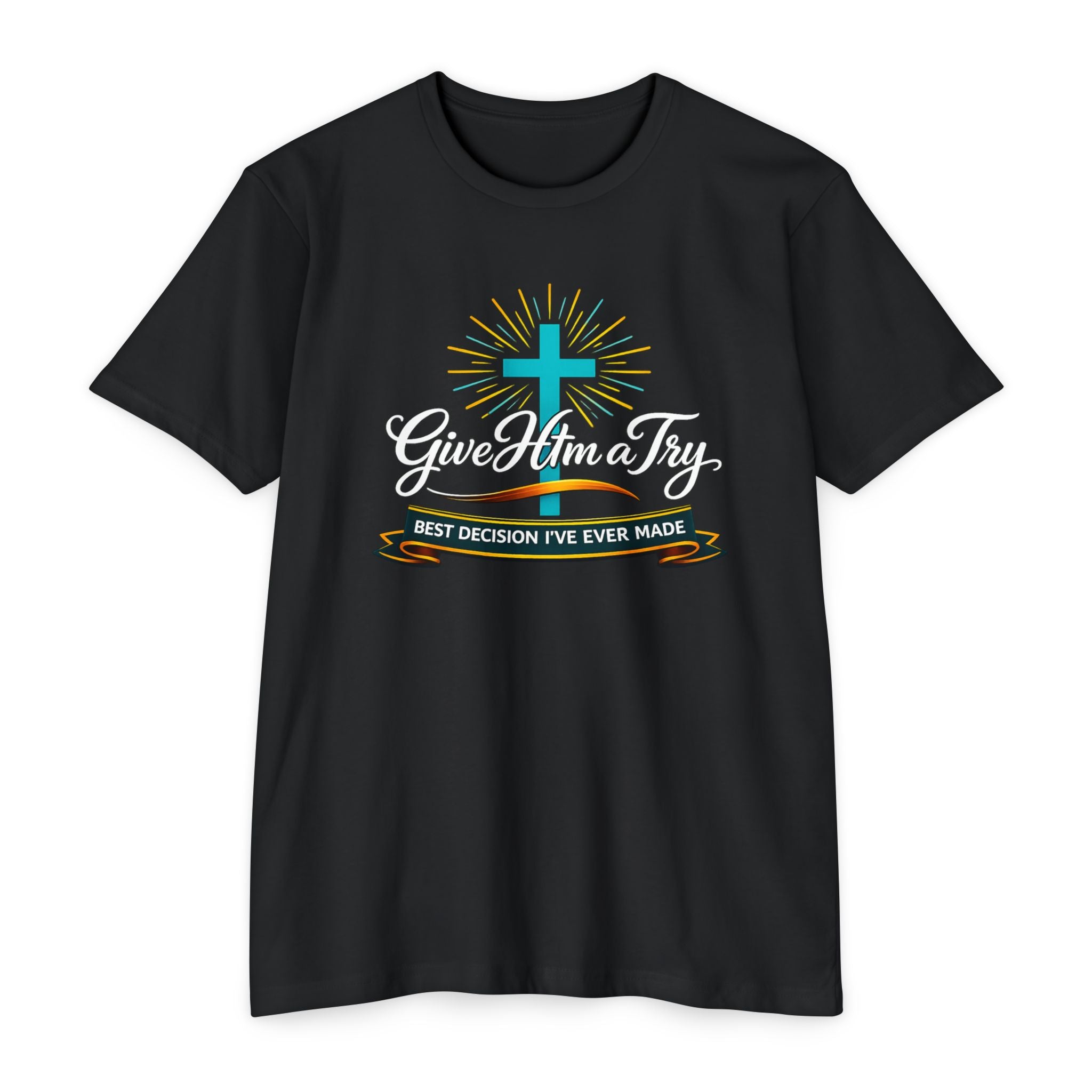 Womens Give Him a Try cross design T-Shirt | Christian faith shirt