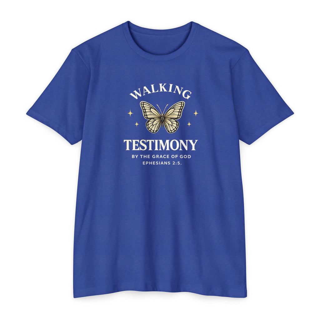 Womens Walking Testimony T-Shirt — “By the Grace of God” Christian Tee (Ephesians 2:8)