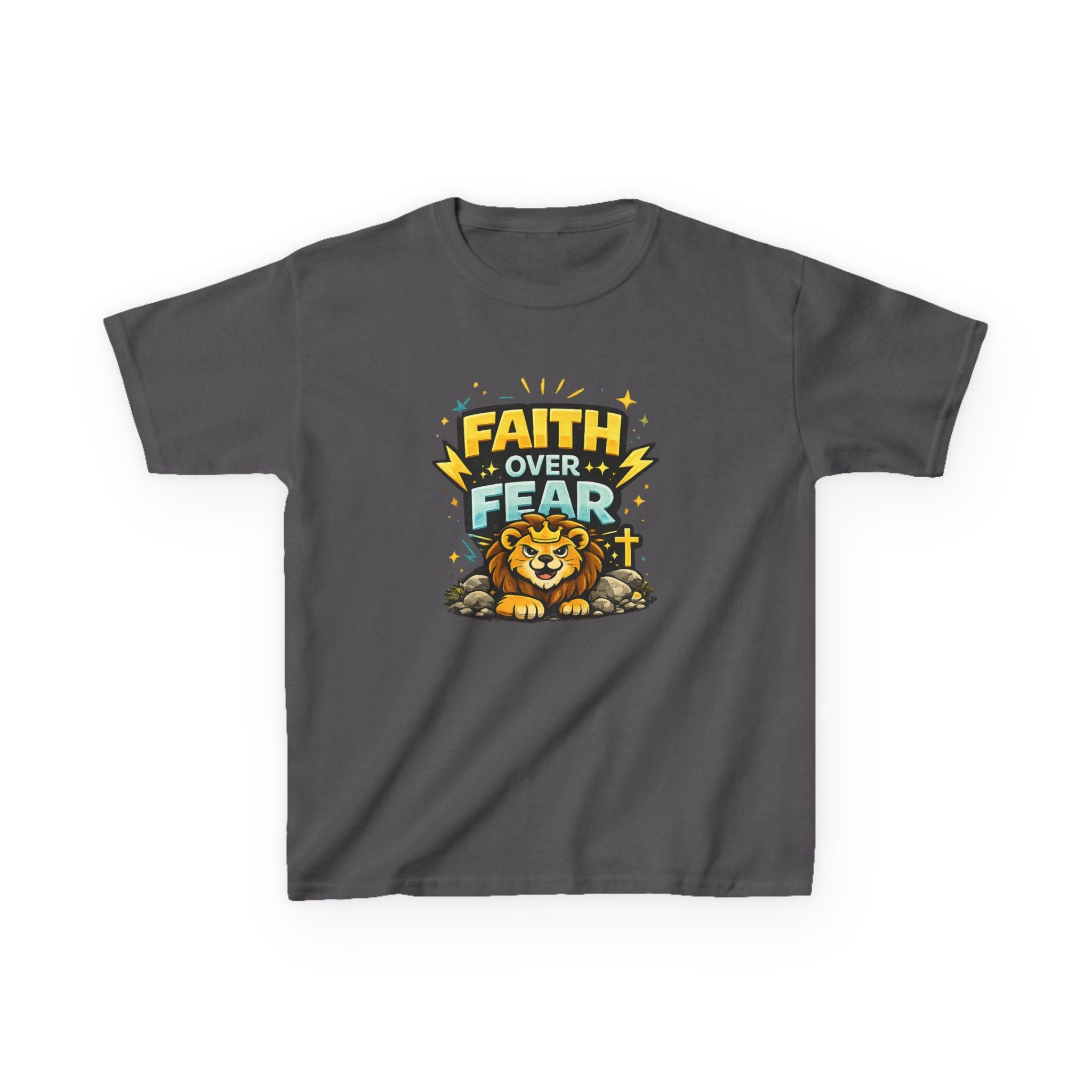 Kids Tee — "Faith Over Fear" Lion Graphic Christian Shirt