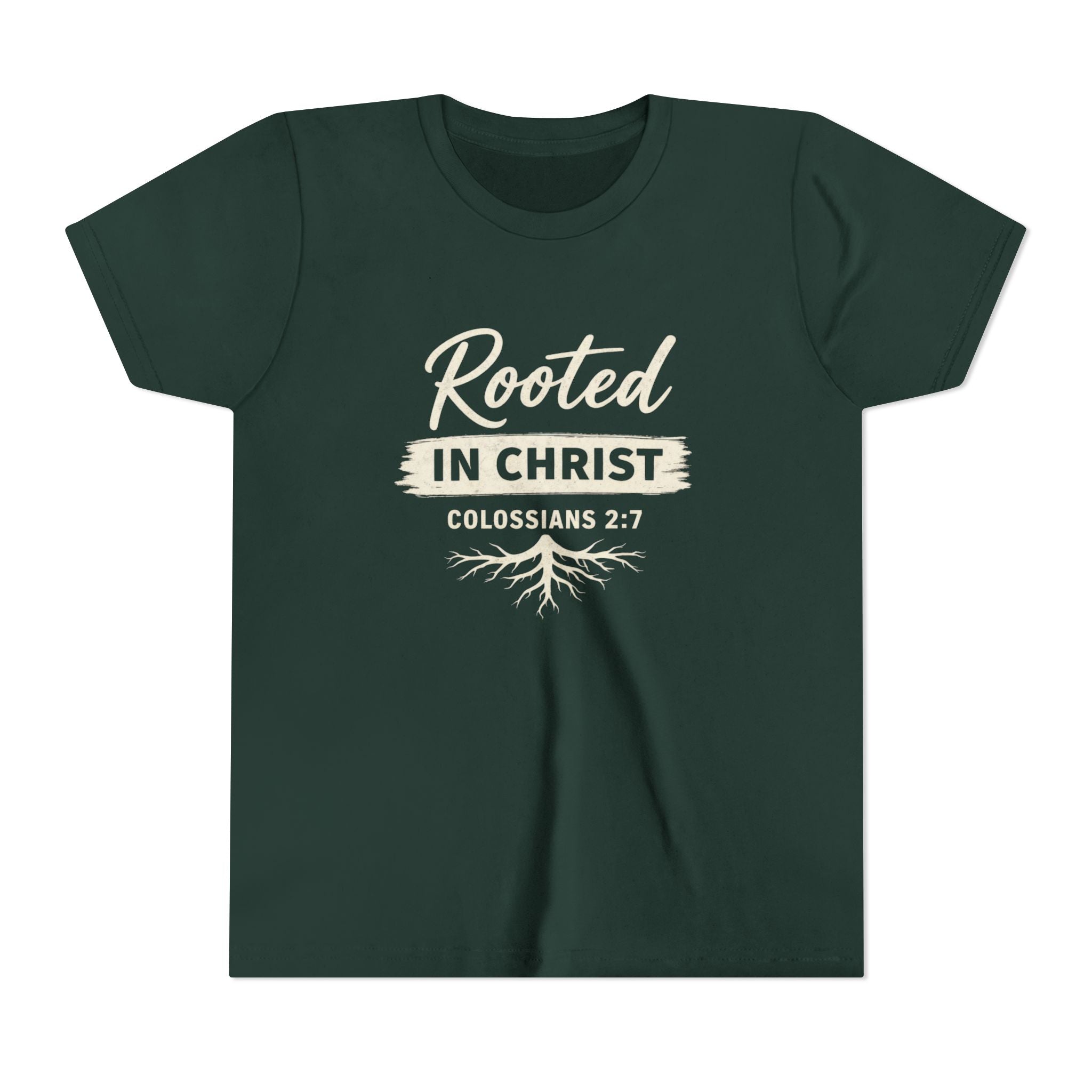 Girls Youth Tee - "Rooted in Christ" Colossians 2:7 Christian Kids Shirt