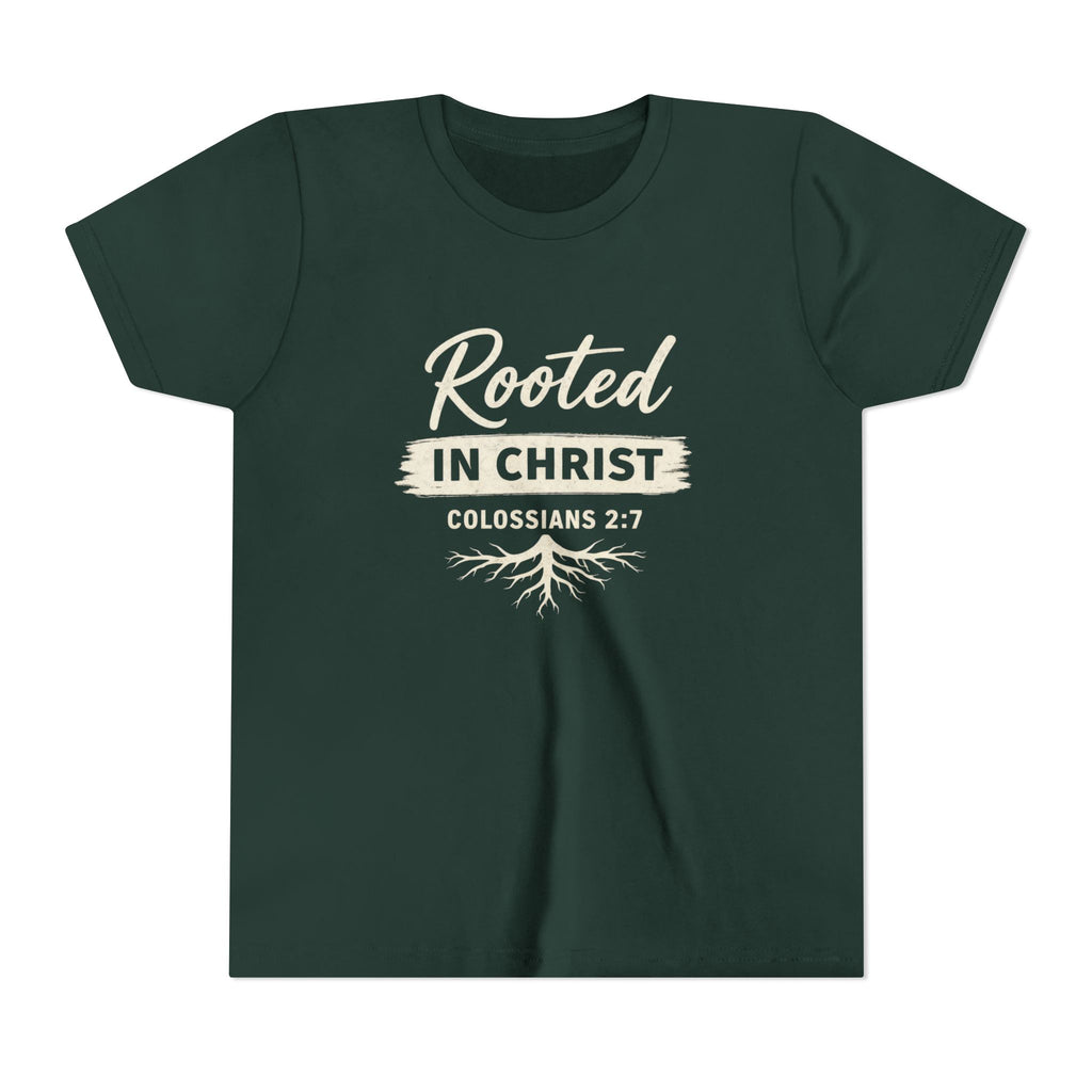 Boys Youth Tee - "Rooted in Christ" Colossians 2:7 Christian Kids Shirt