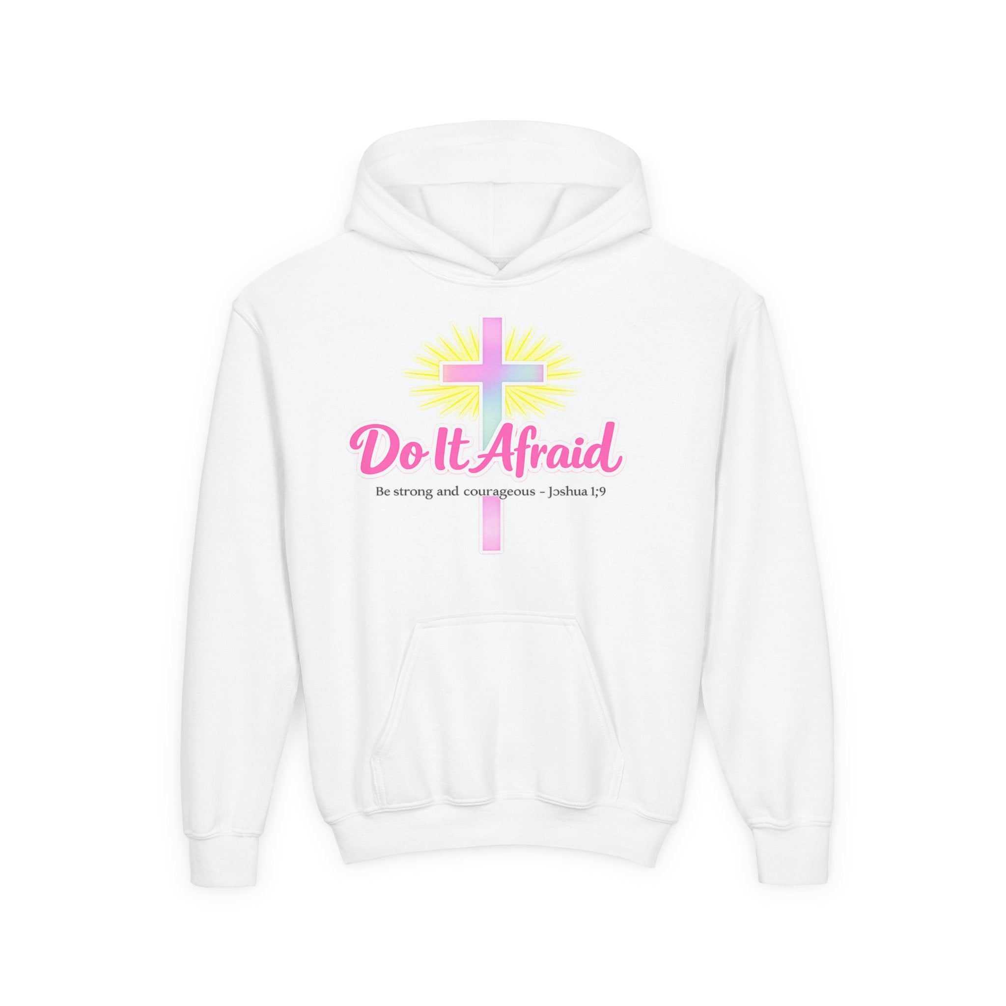 Youth Hoodie — "Do It Afraid" Christian Cross Inspirational Sweatshirt (Joshua 1:9)