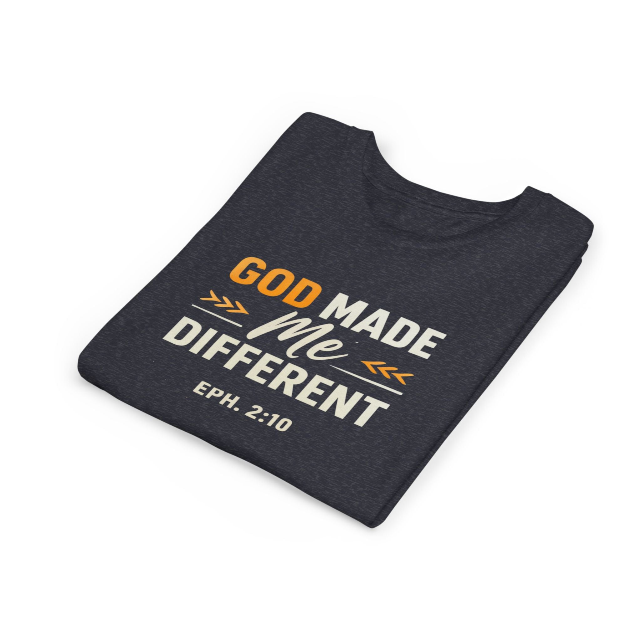Girls Youth Tee – "God Made Me Different" Christian Kids T‑Shirt (Eph. 2:10)