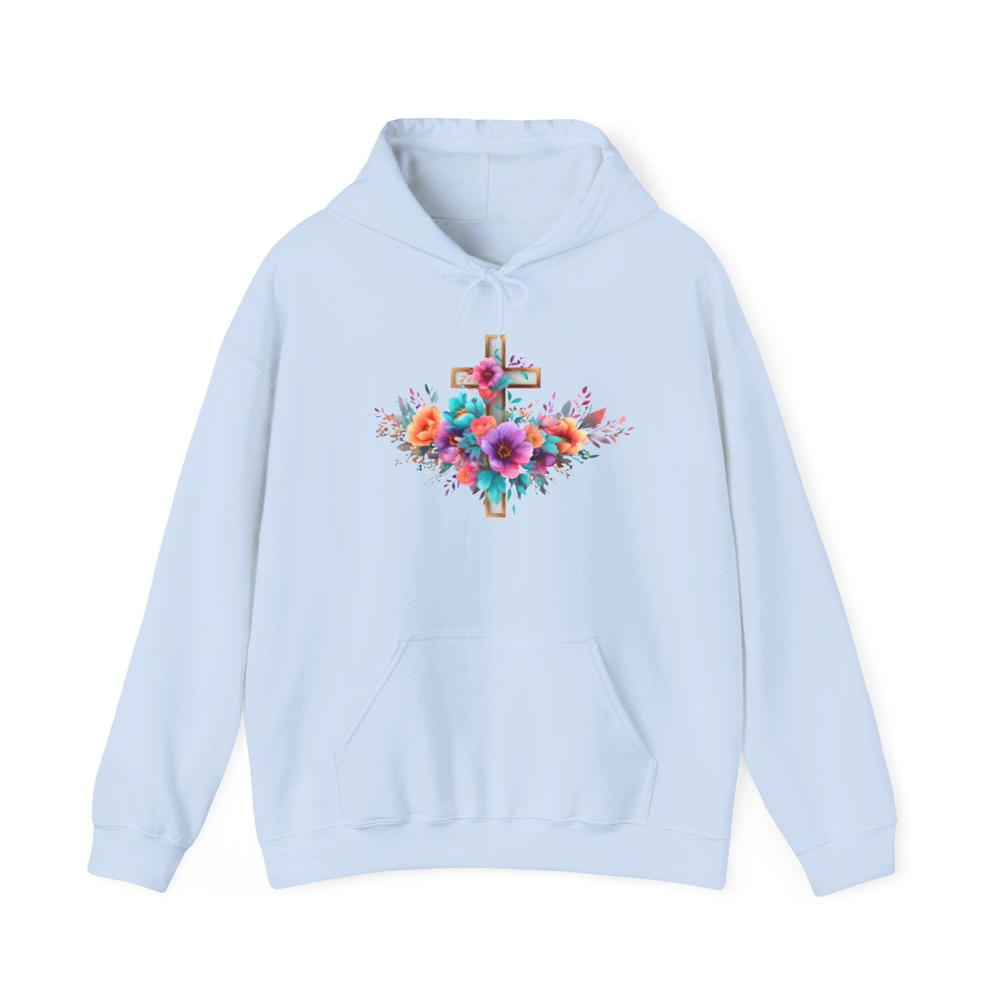 Floral Cross Hoodie – Colorful Watercolor Flowers Religious Sweatshirt