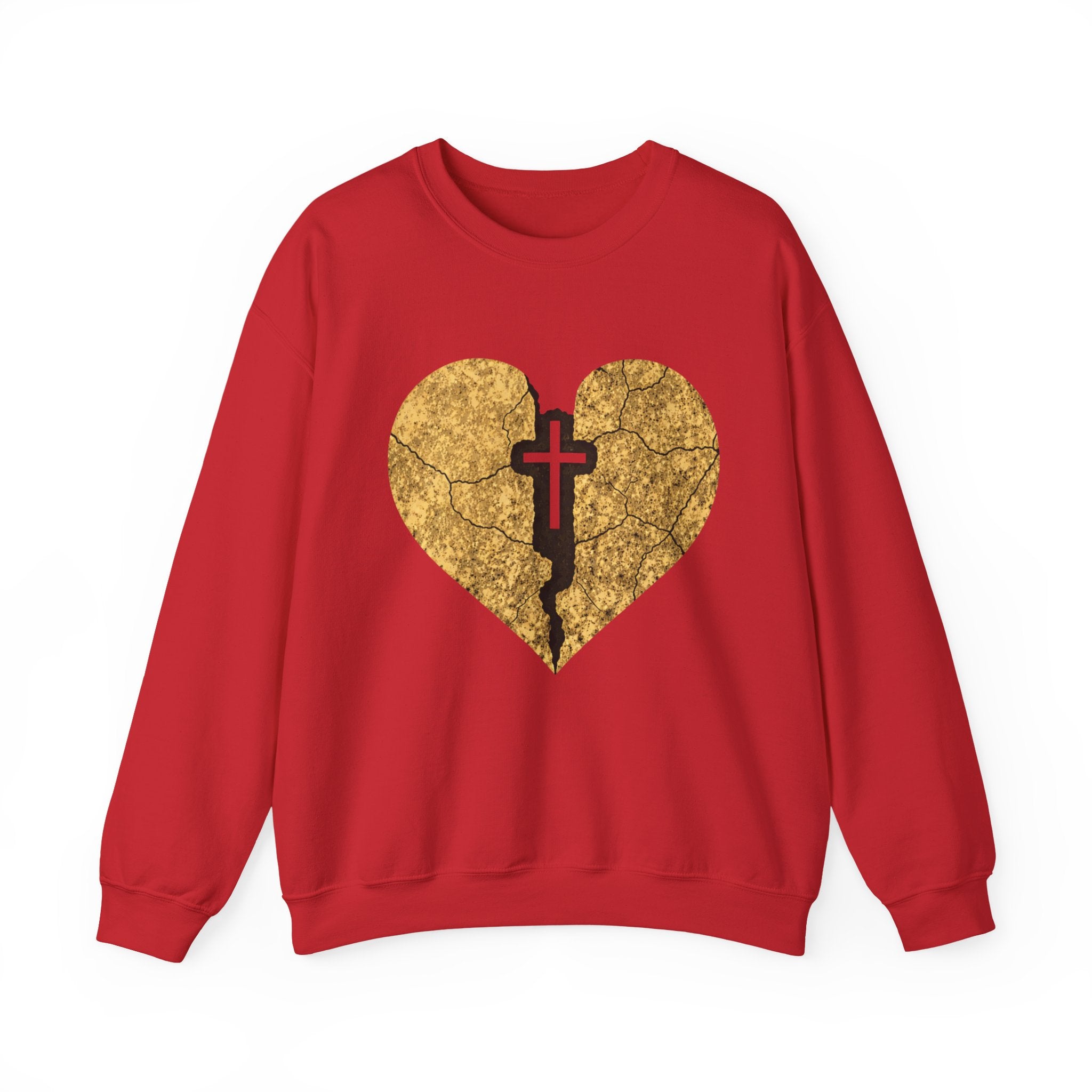 Womens Heart Crack Cross Crewneck Sweatshirt — Gold Distressed Christian Faith Pullover